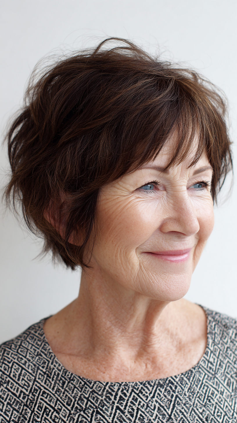 Dark chocolate bixie with textured layers and long fringe