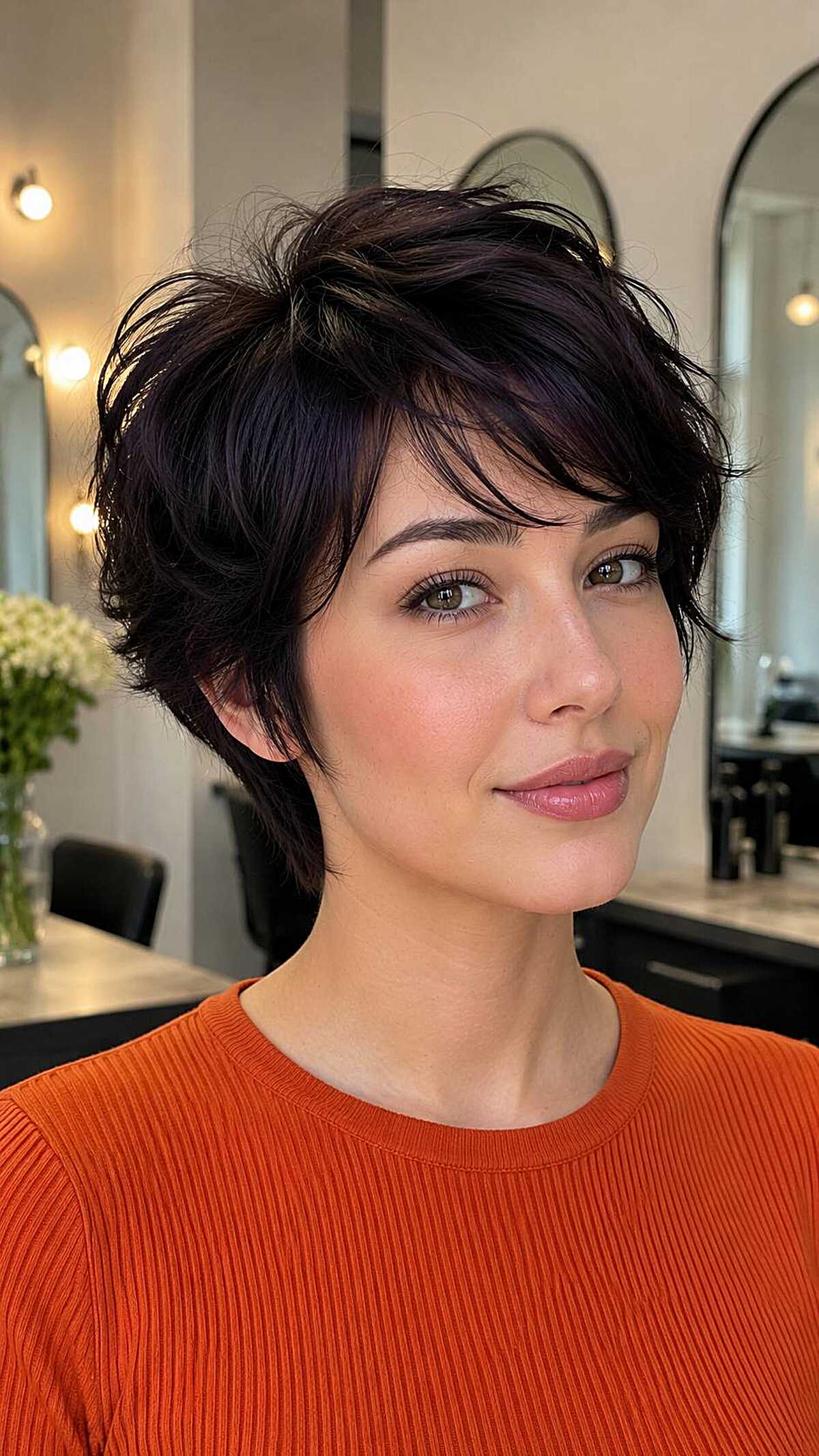 Dark feathered pixie cloud cut with textured top layers