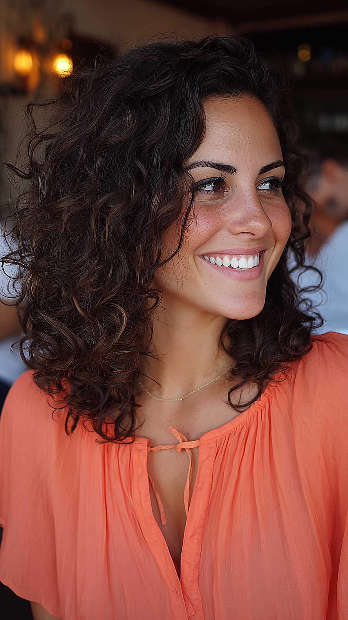 Dark spiral curls at shoulder length with volume