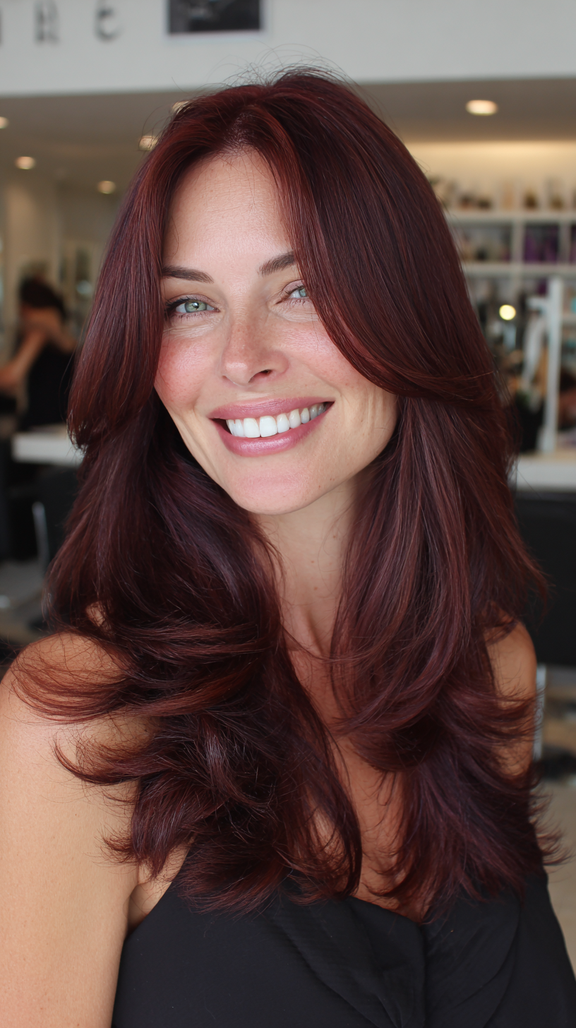 Deep burgundy red long waves with layered volume