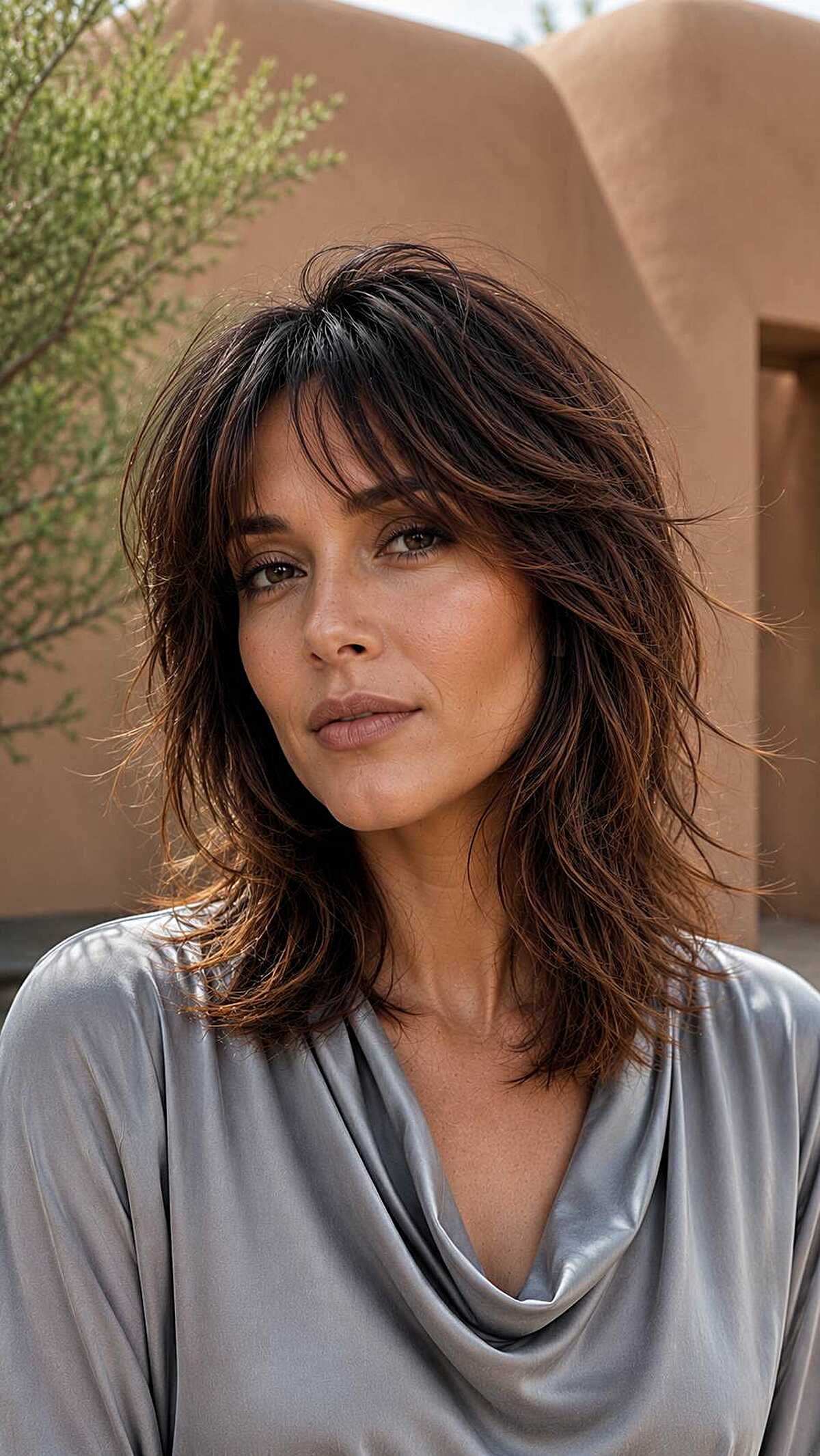 Medium dark shag cloud cut with textured wispy bangs