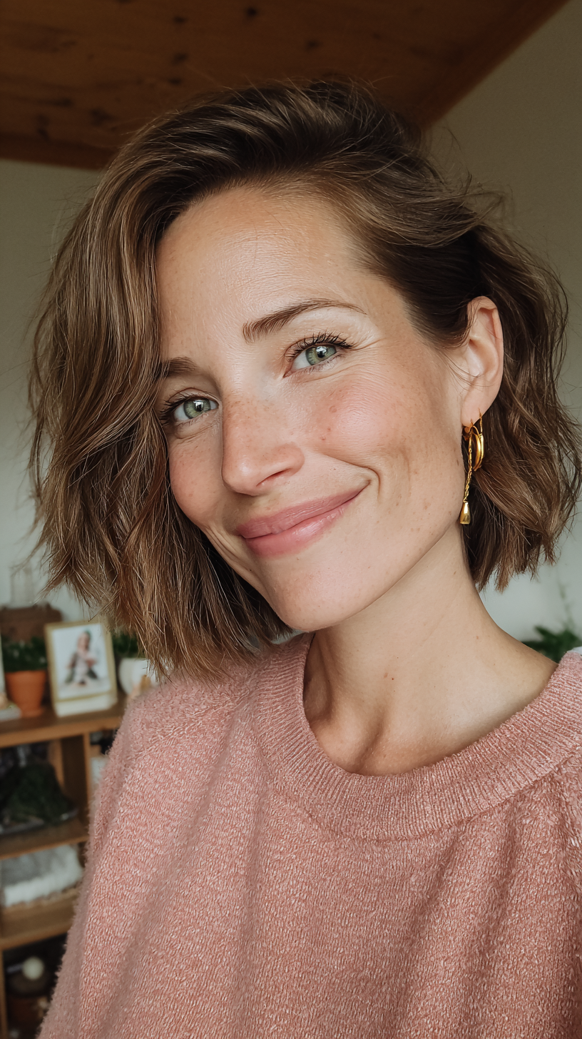 Short textured brunette bob with natural waves
