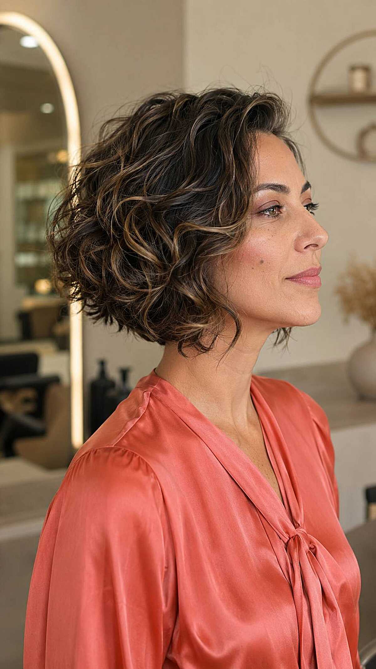 Curly dark brown inverted bob with toffee highlights