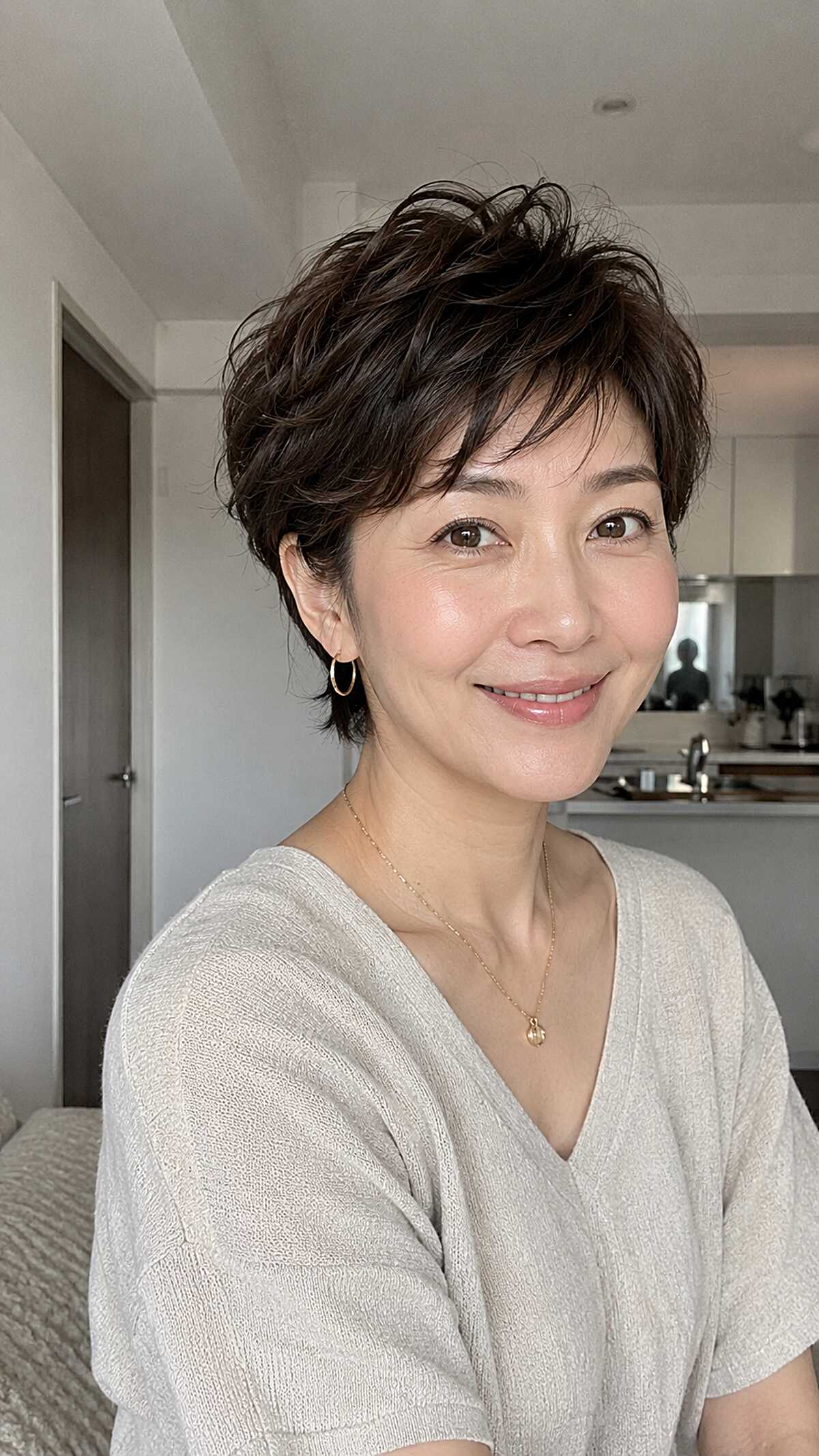 Feathered dark pixie cut with piecey texture