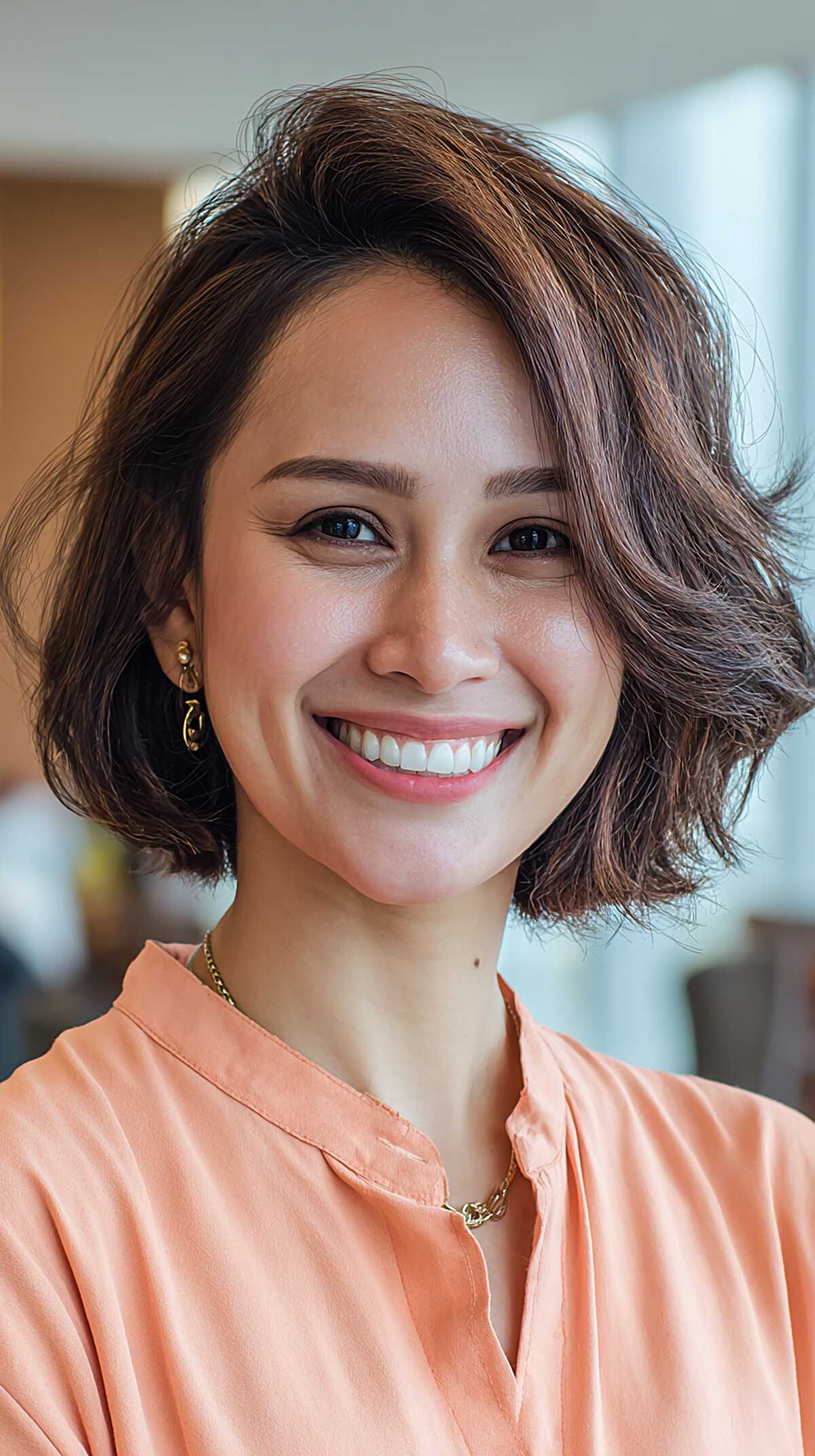 Feathered warm brown chin-length bob with lift
