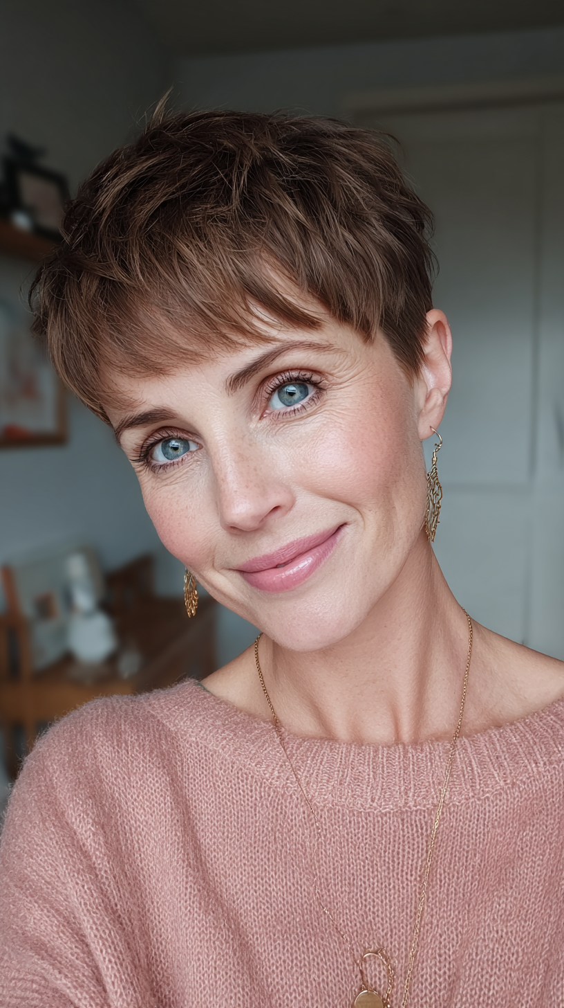 Feathery brunette pixie with soft texture