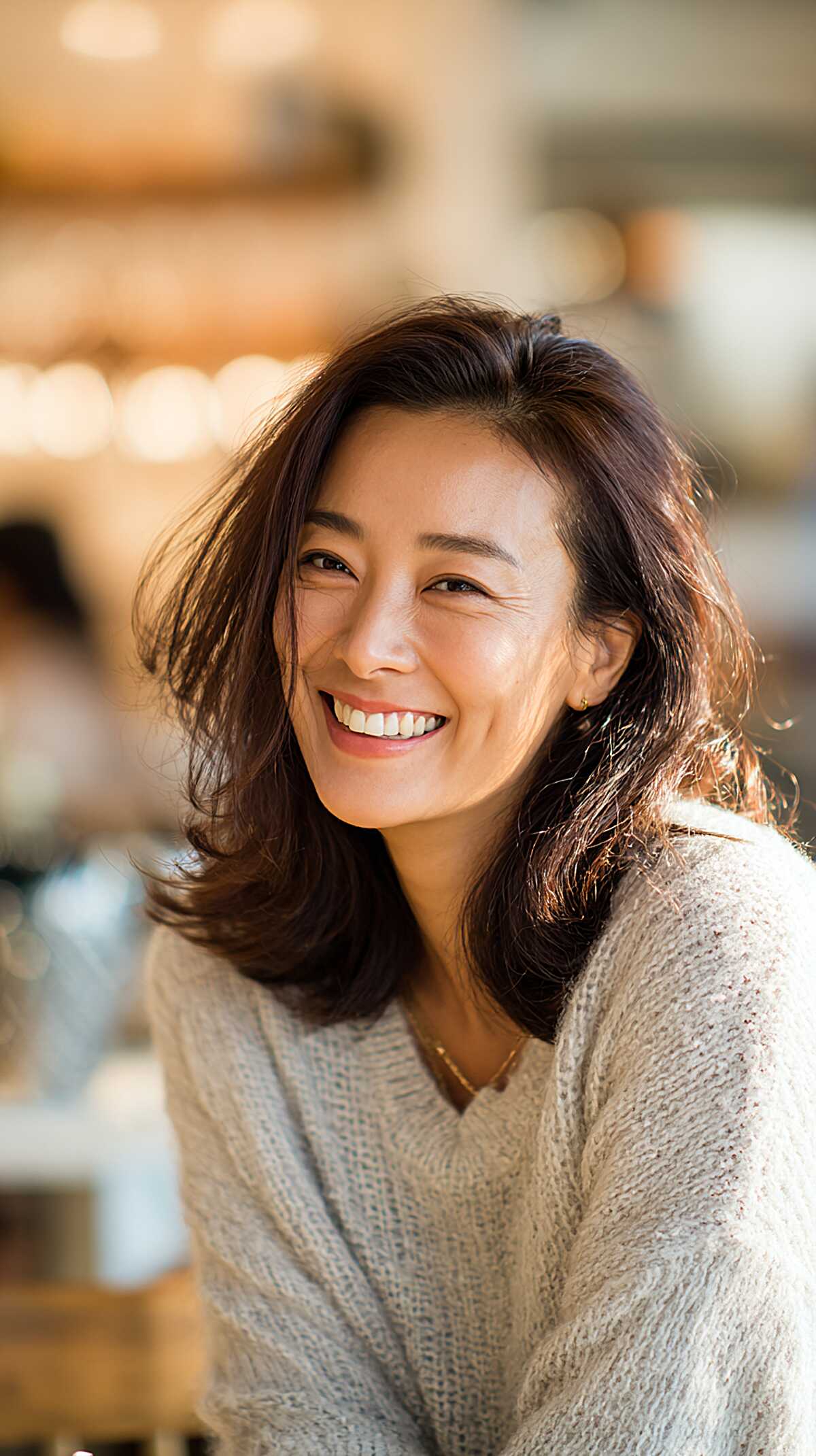 Flippy shoulder-length brunette with side part