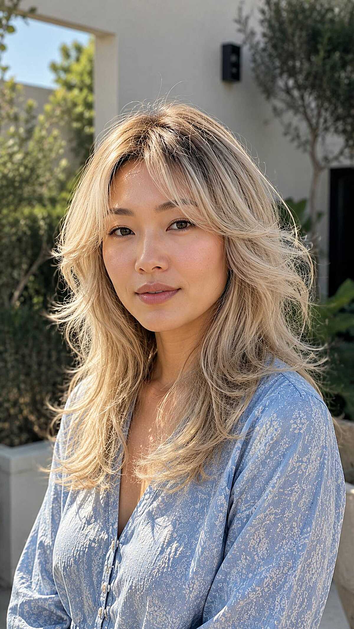 Long blonde cloud cut with soft layers and side fringe