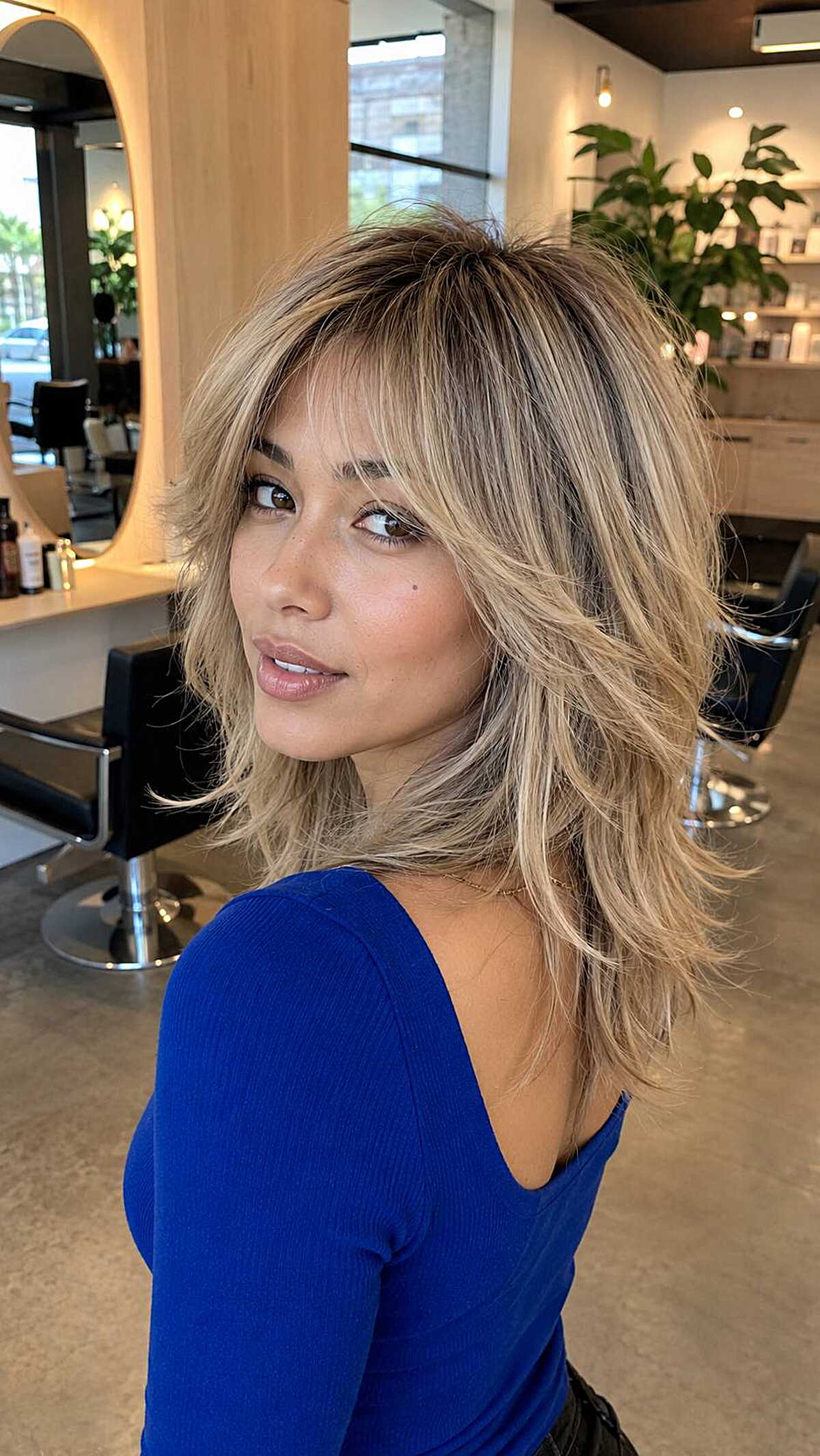 Blonde highlighted cloud cut with curtain bangs at salon
