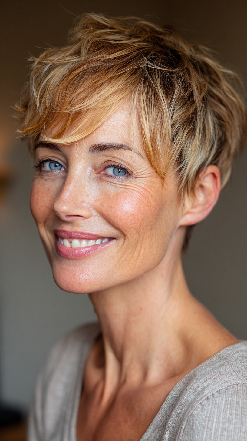 Honey blonde tousled pixie with warm highlights