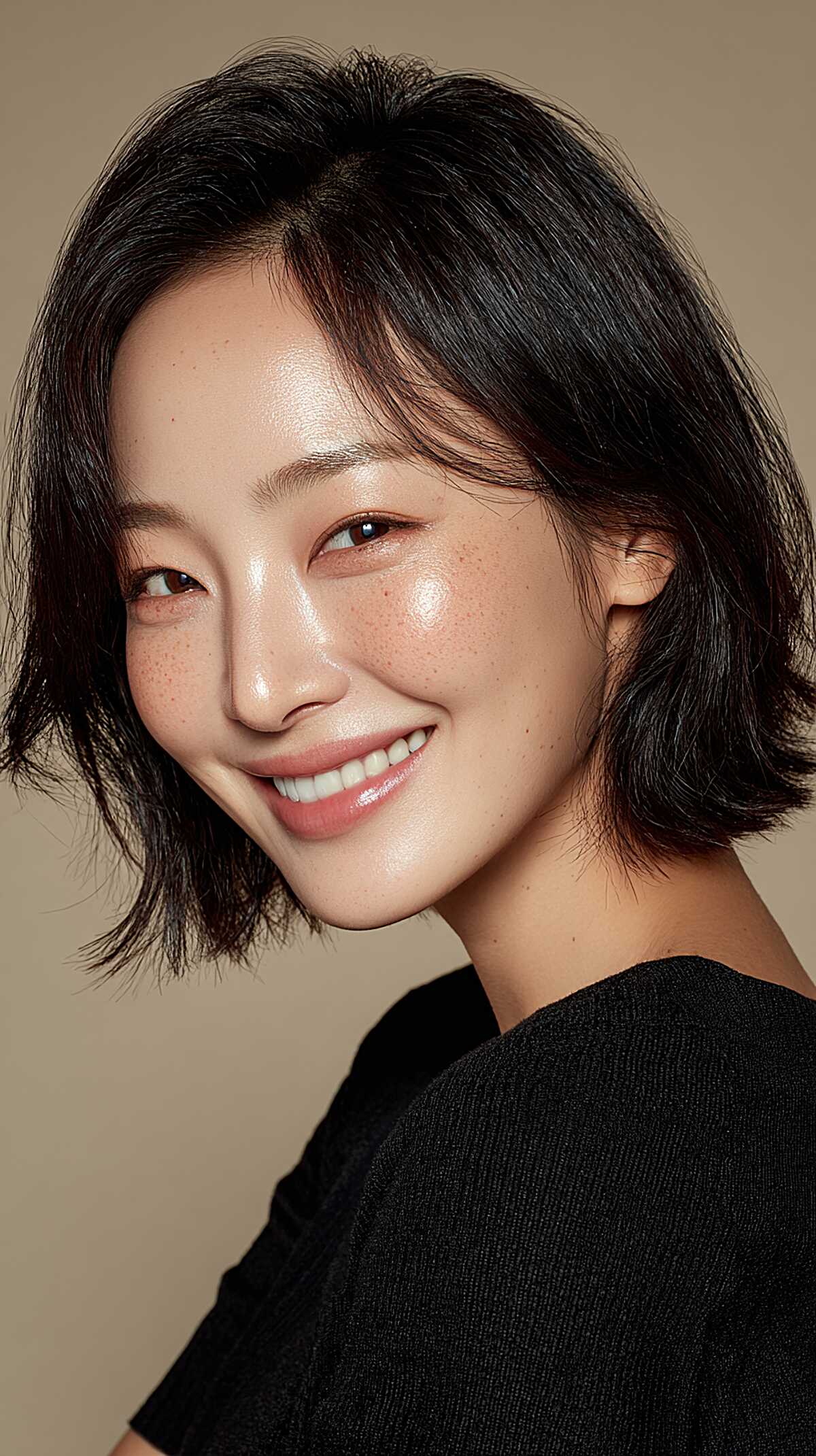 Jet black chin-length choppy bob with texture
