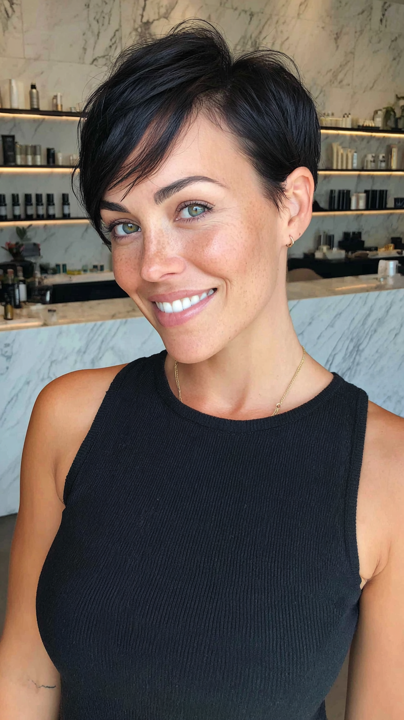 Jet black cropped pixie with textured top