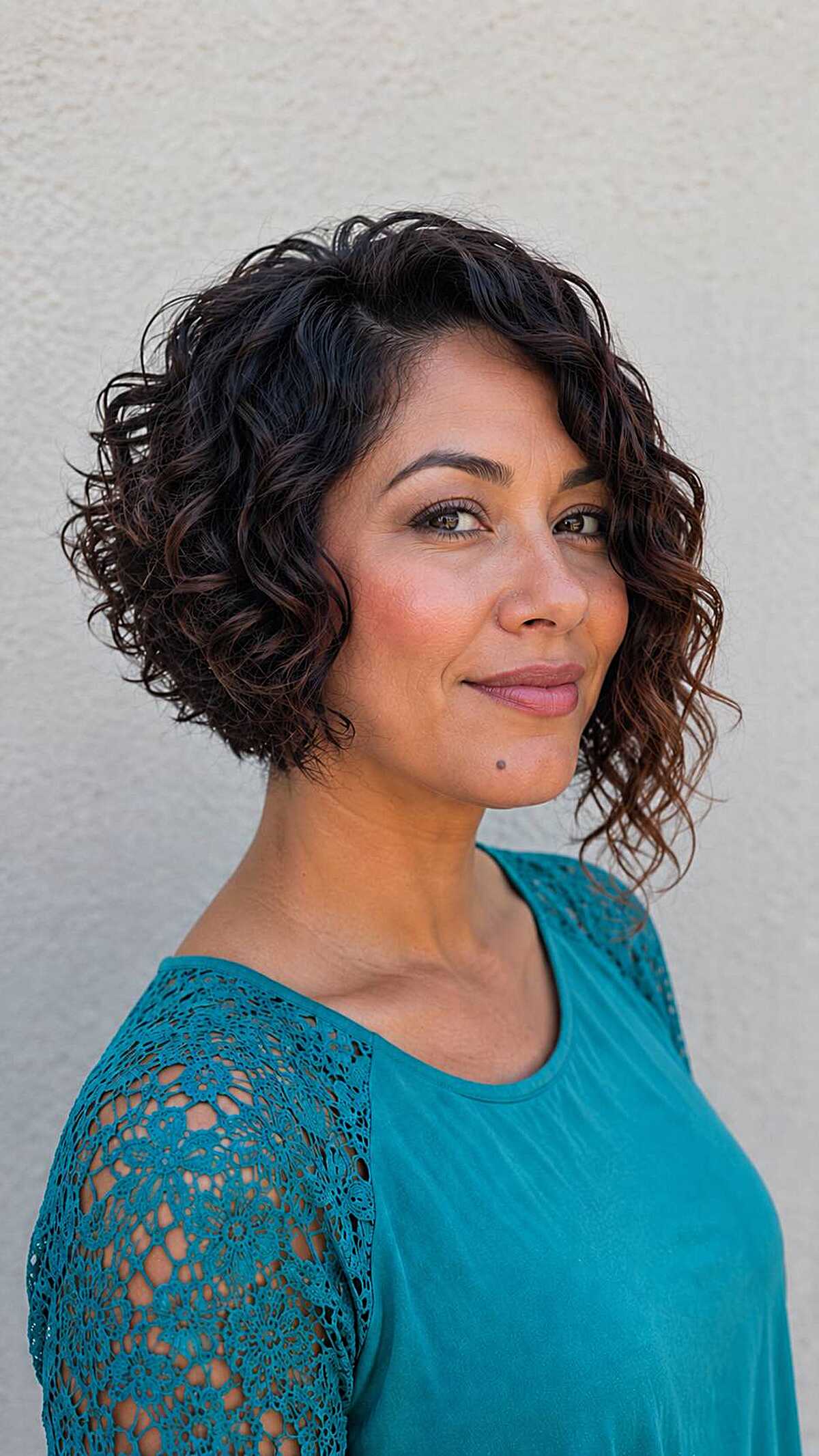 Short dark curly inverted bob with subtle warmth