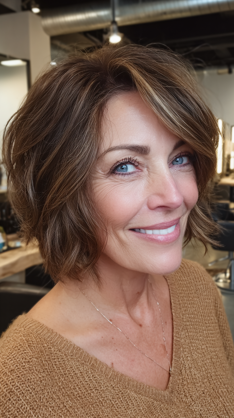 Layered brunette bob with sun-kissed highlights