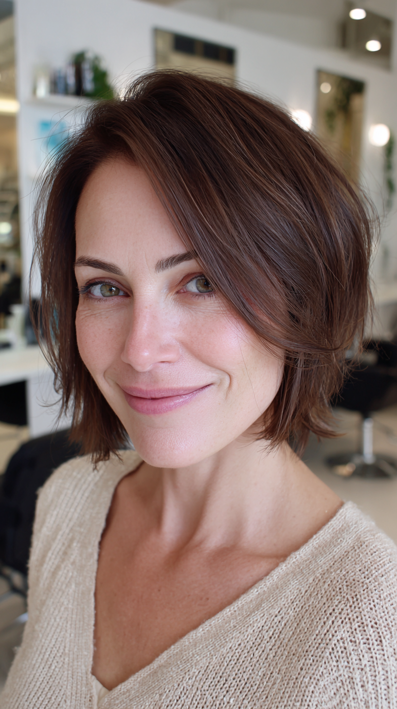 Lived-in brunette textured bob with side part