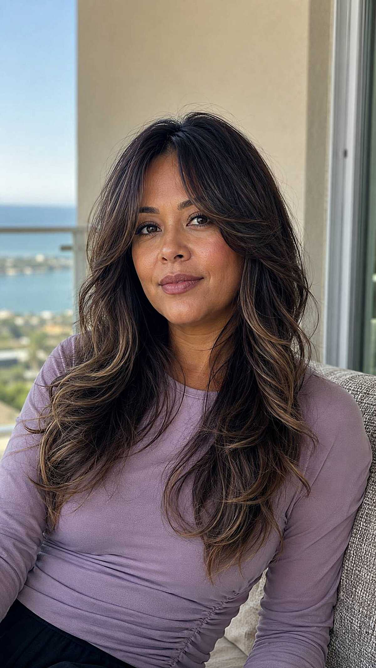 Long dark cloud cut with caramel highlights and soft waves