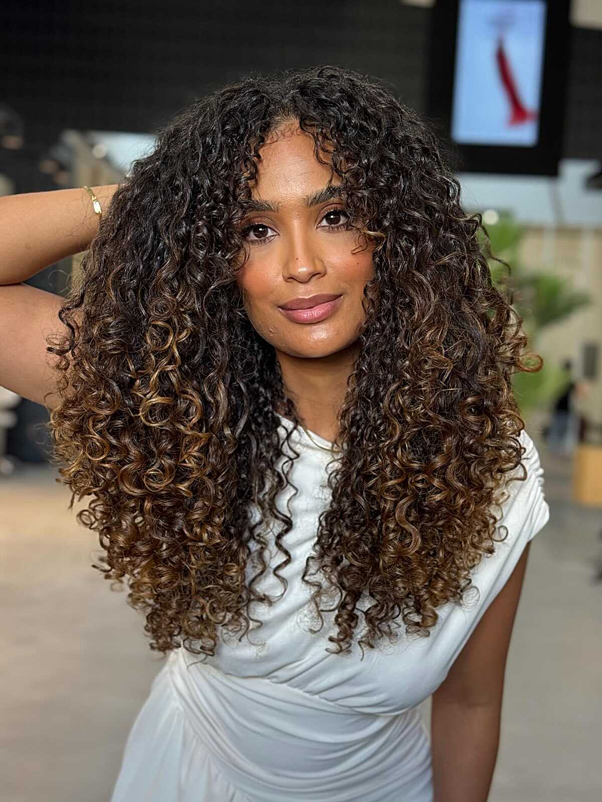 Long Dark Curls with Caramel Balayage Ends