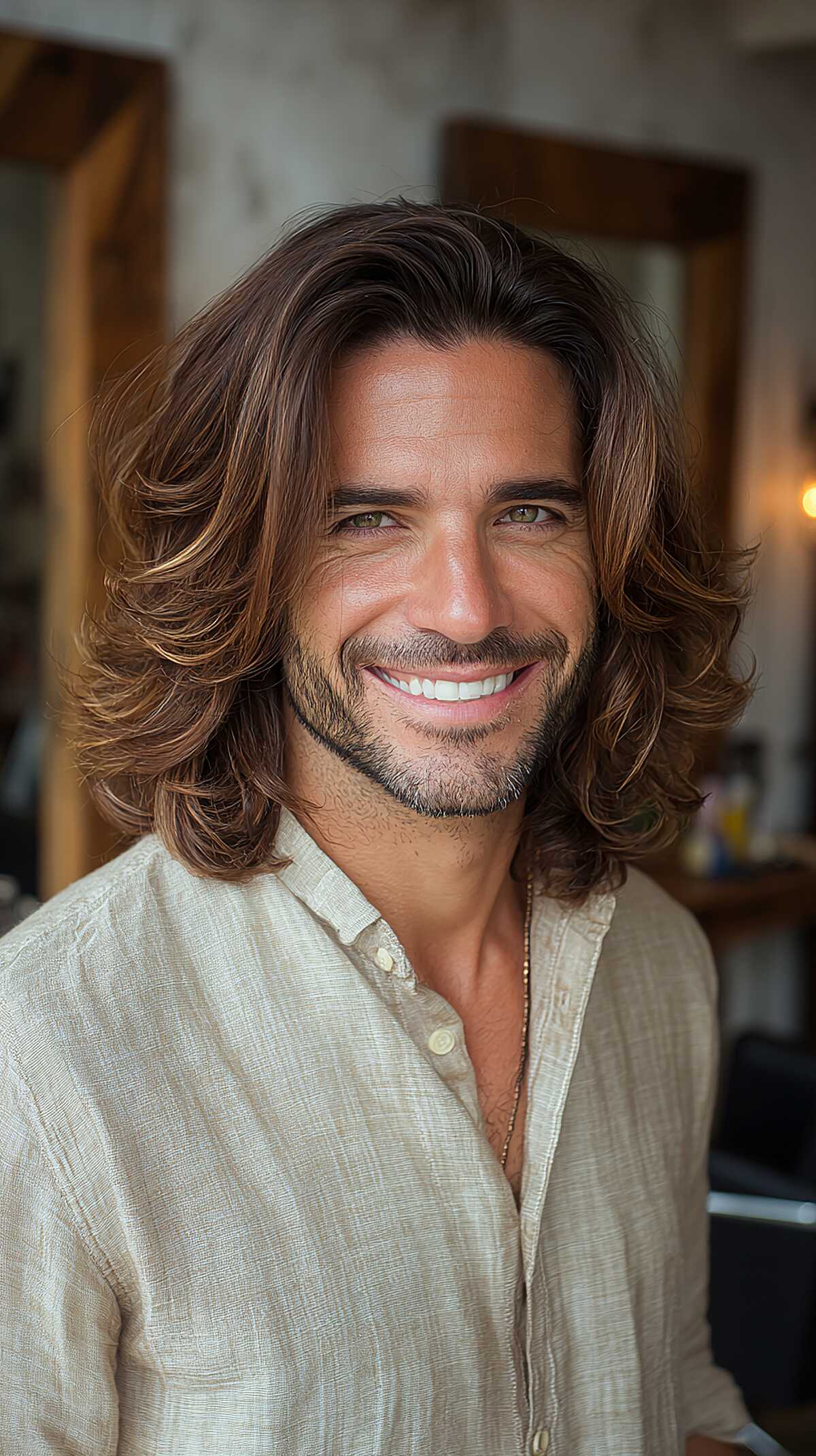 Long wavy men's hair with a center part and highlights