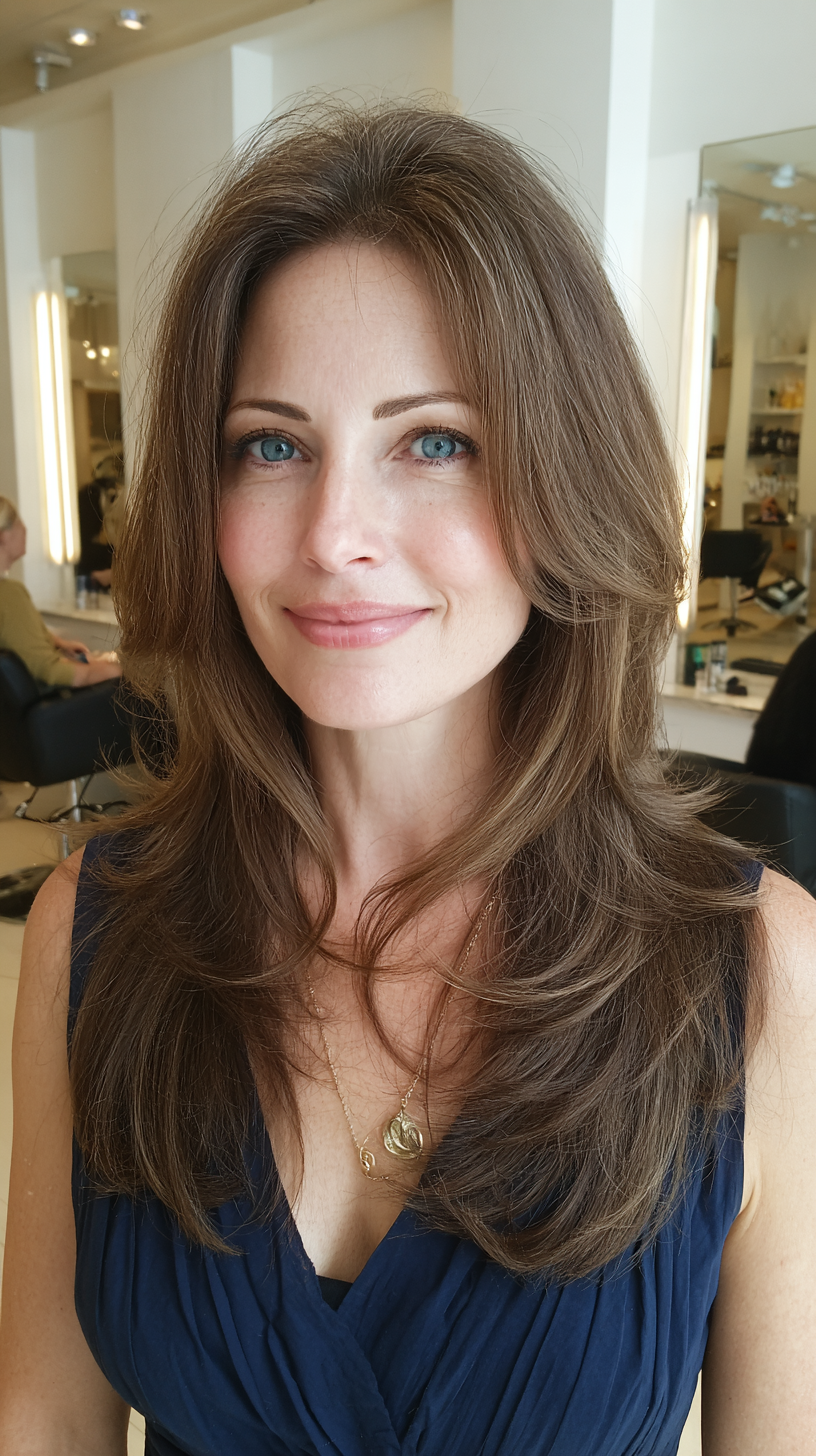 Long layered brunette with natural volume and body