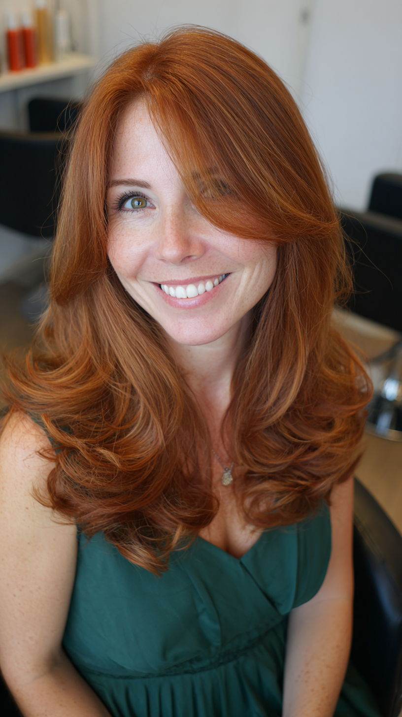 Long layered copper red hair with blowout volume