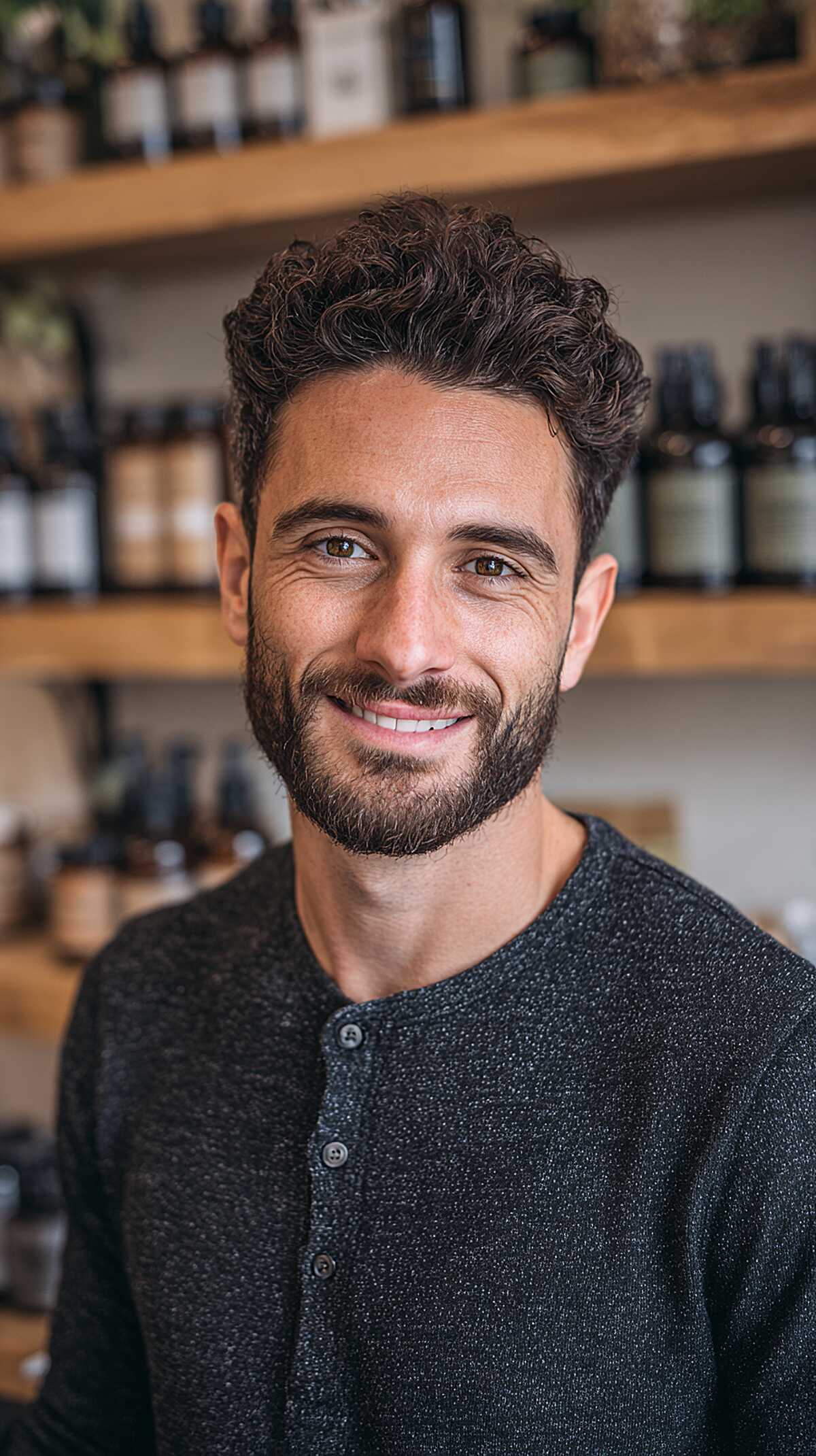 Loose curls on top with a tapered fade on the sides
