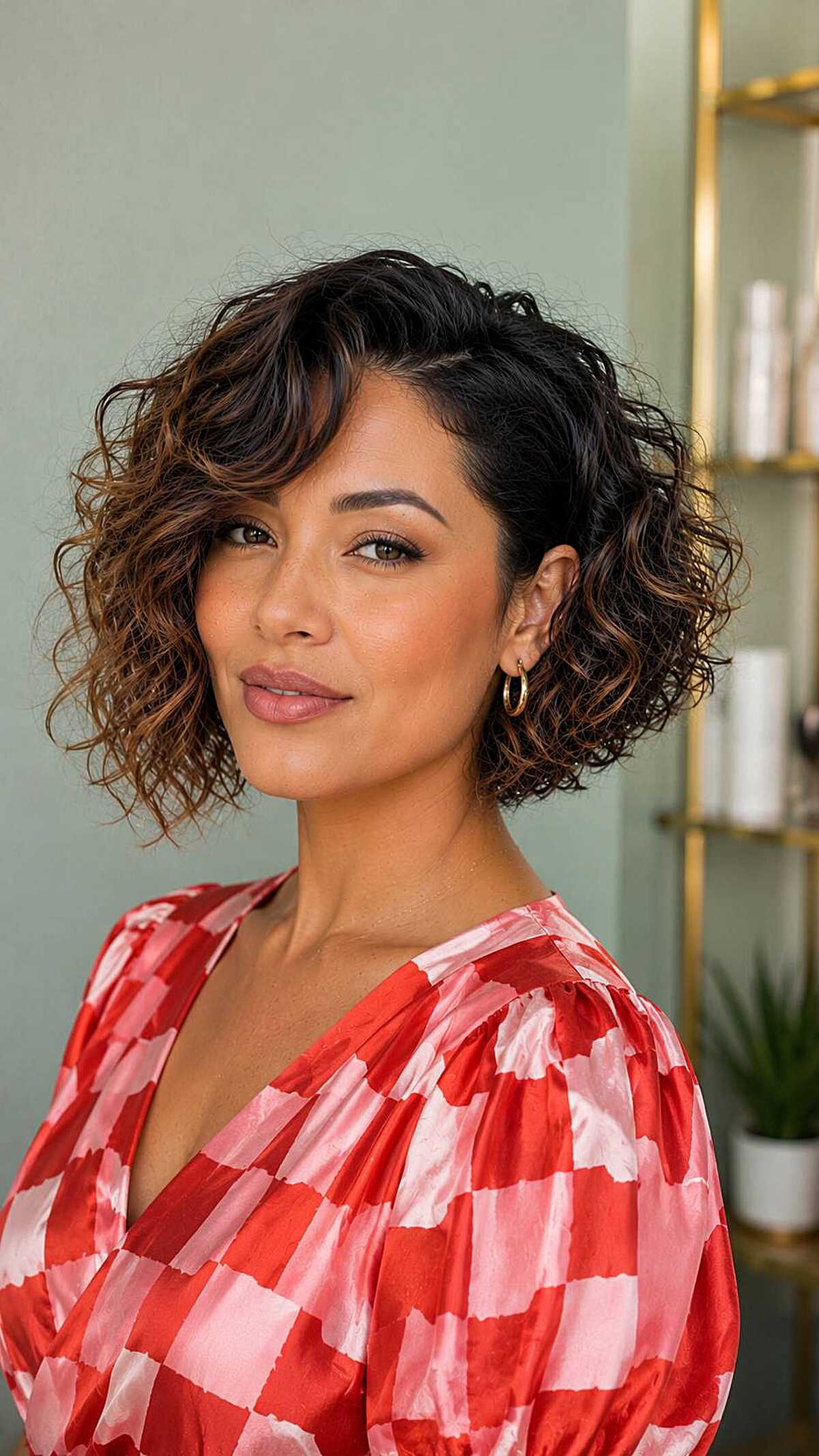 Short curly micro bob with caramel highlights
