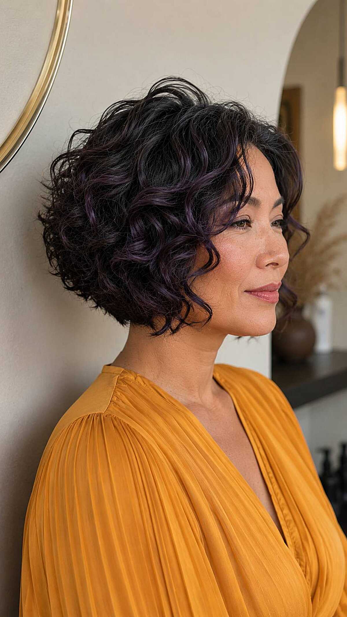 Dark black curly inverted bob with purple undertones