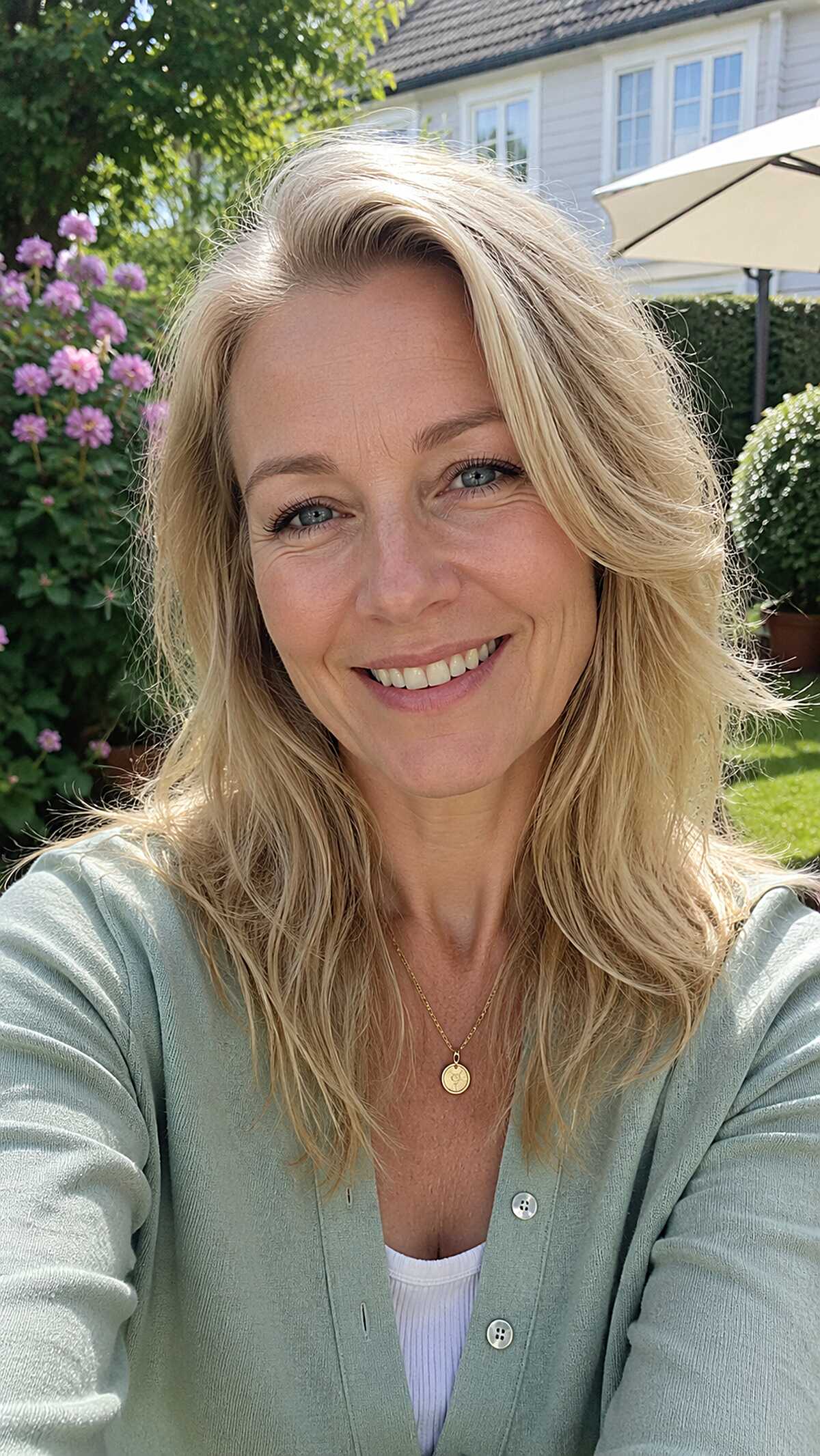 Natural golden blonde with soft face-framing layers