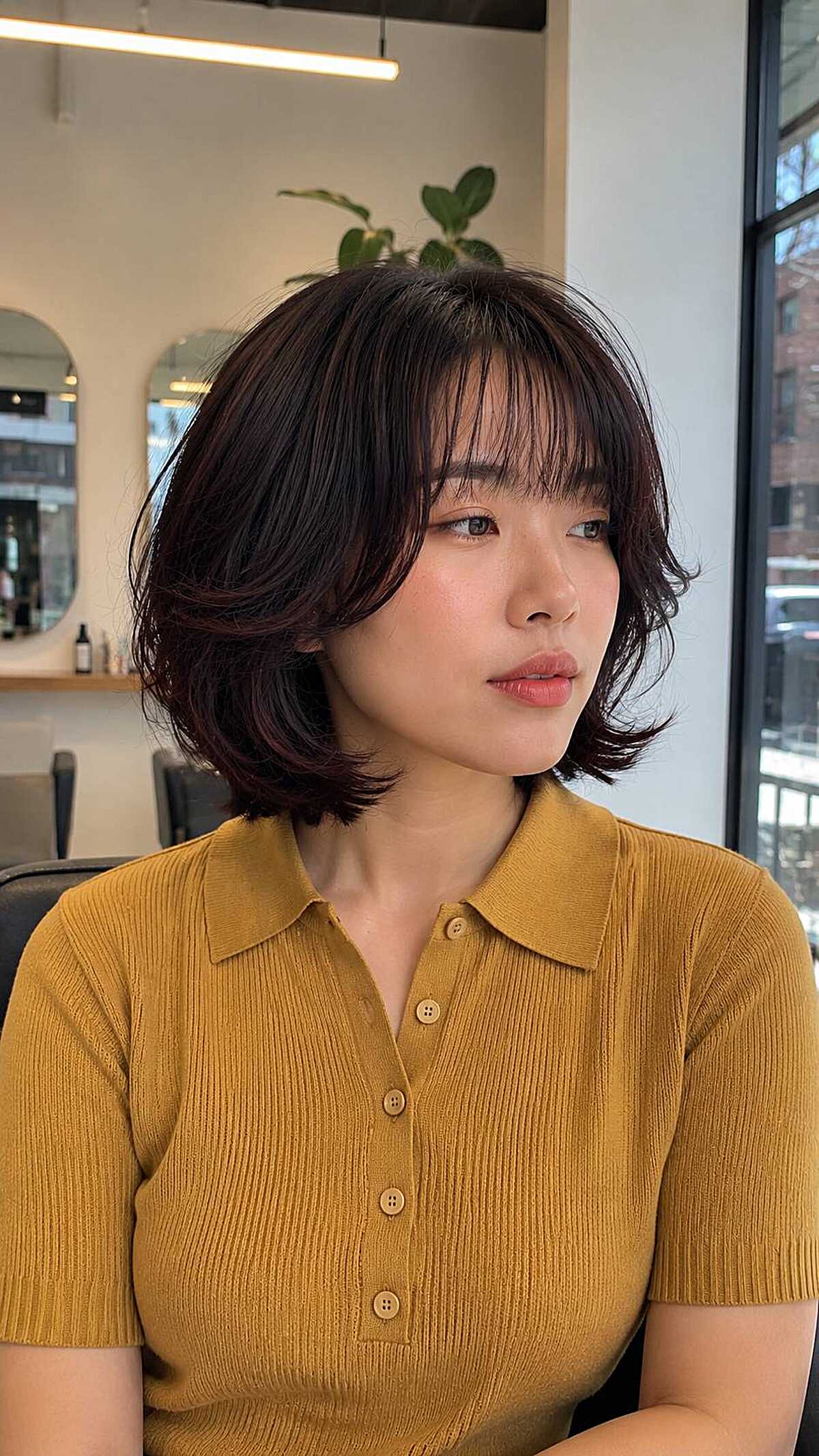 Dark bob cloud cut with plum undertones and wispy bangs