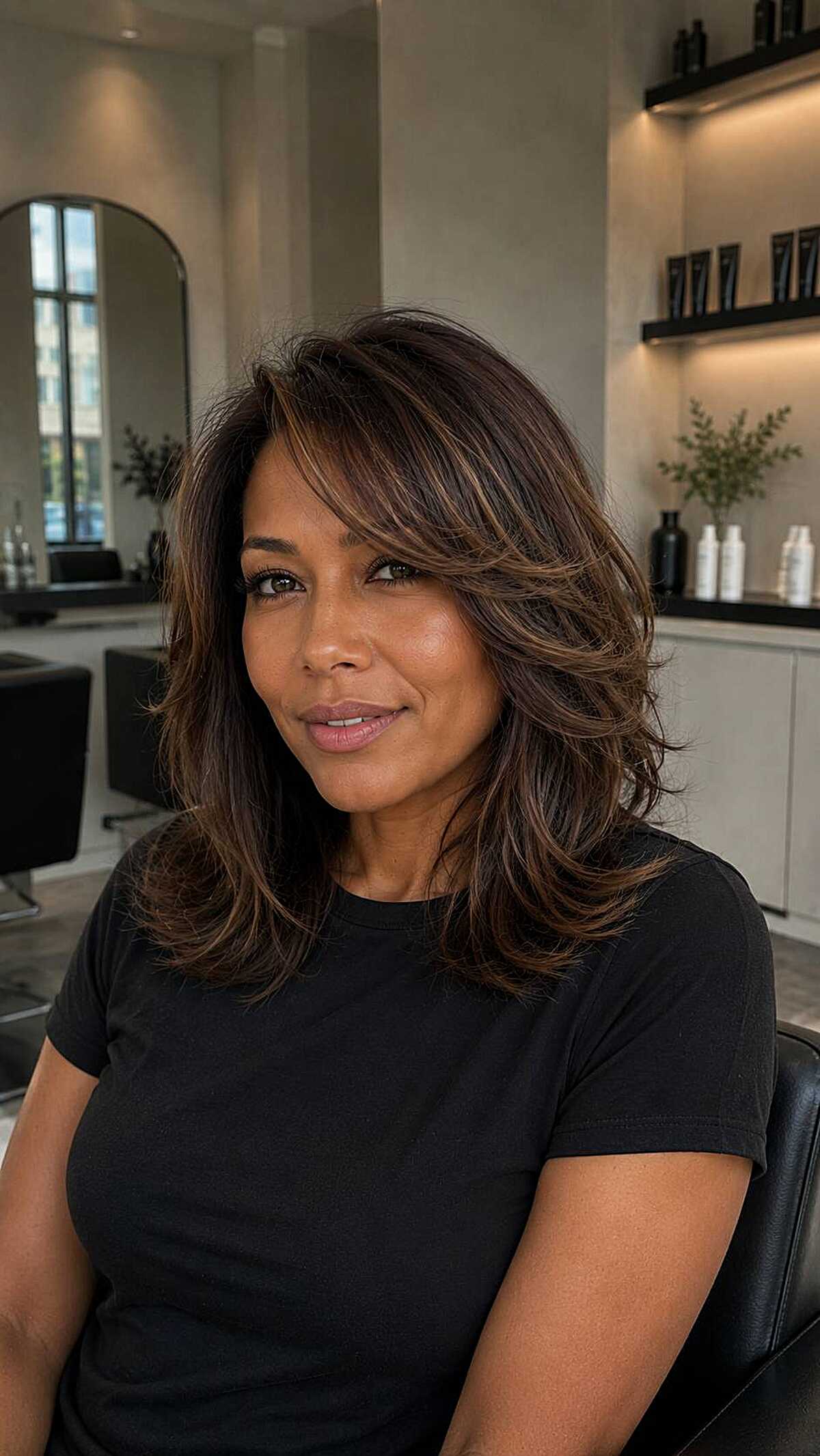 Layered medium brunette cloud cut with subtle highlights