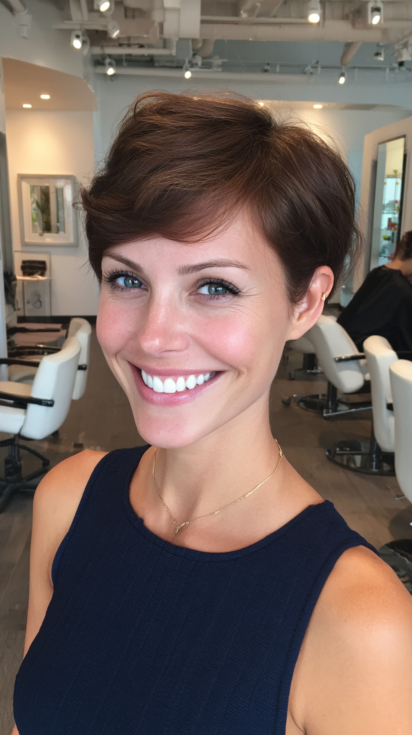 Polished brunette pixie with side-swept fringe