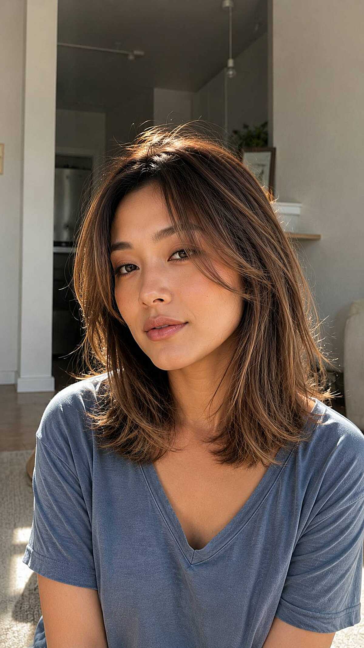 Simple brown lob cloud cut with soft center-parted layers