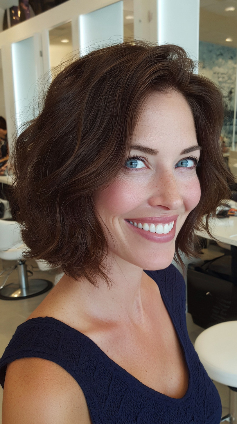 Rich chocolate brown wavy bob at jawline length