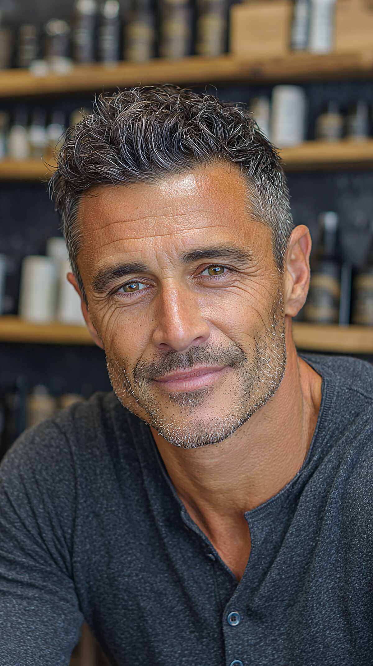 Textured crop haircut with salt and pepper gray hair