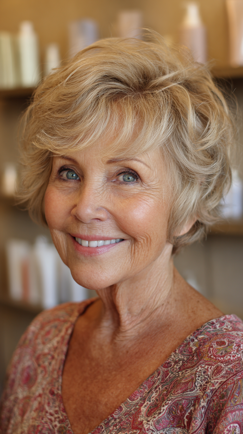 Sandy blonde bixie with soft curled layers framing face
