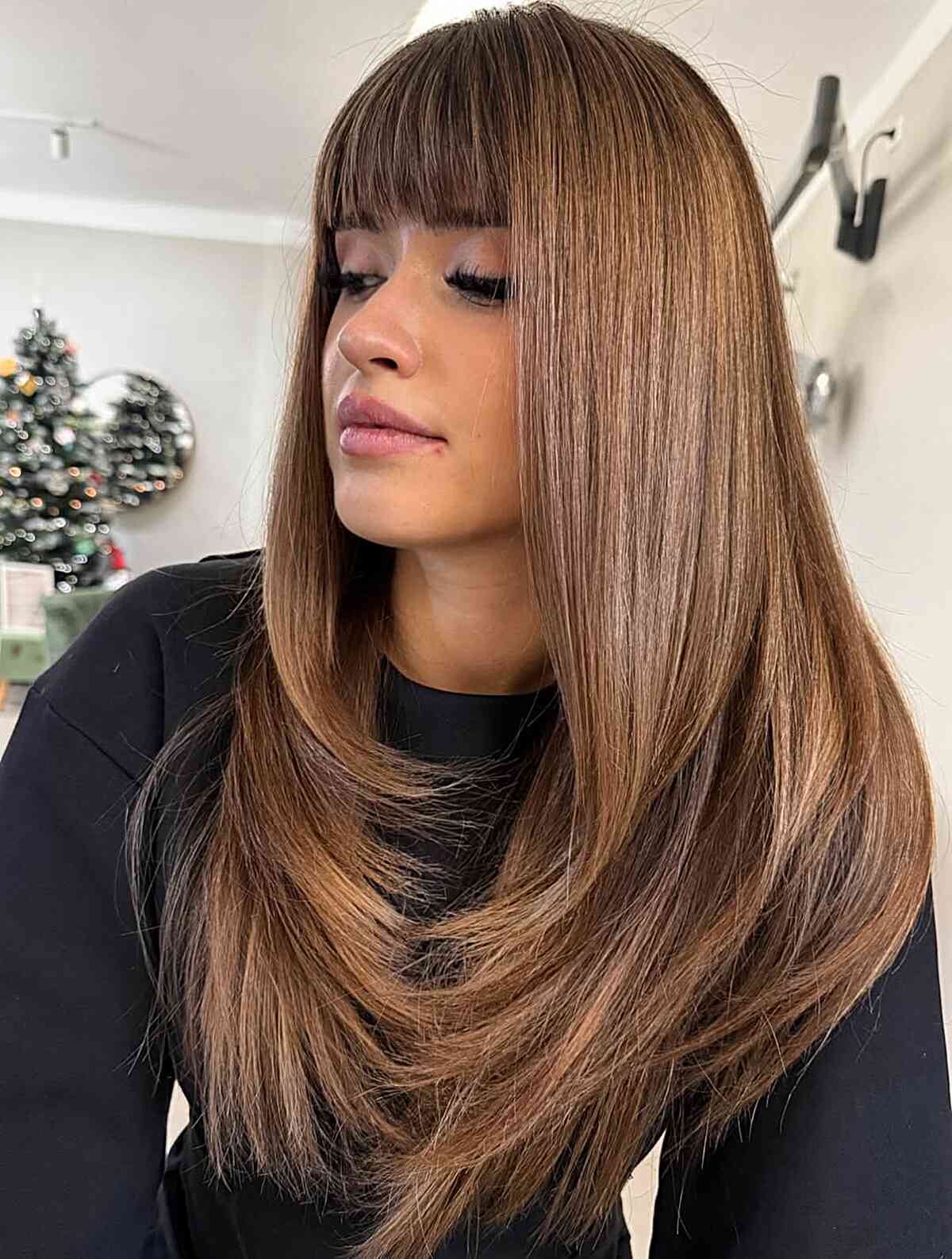 Sleek Long Hair with Blunt Bangs