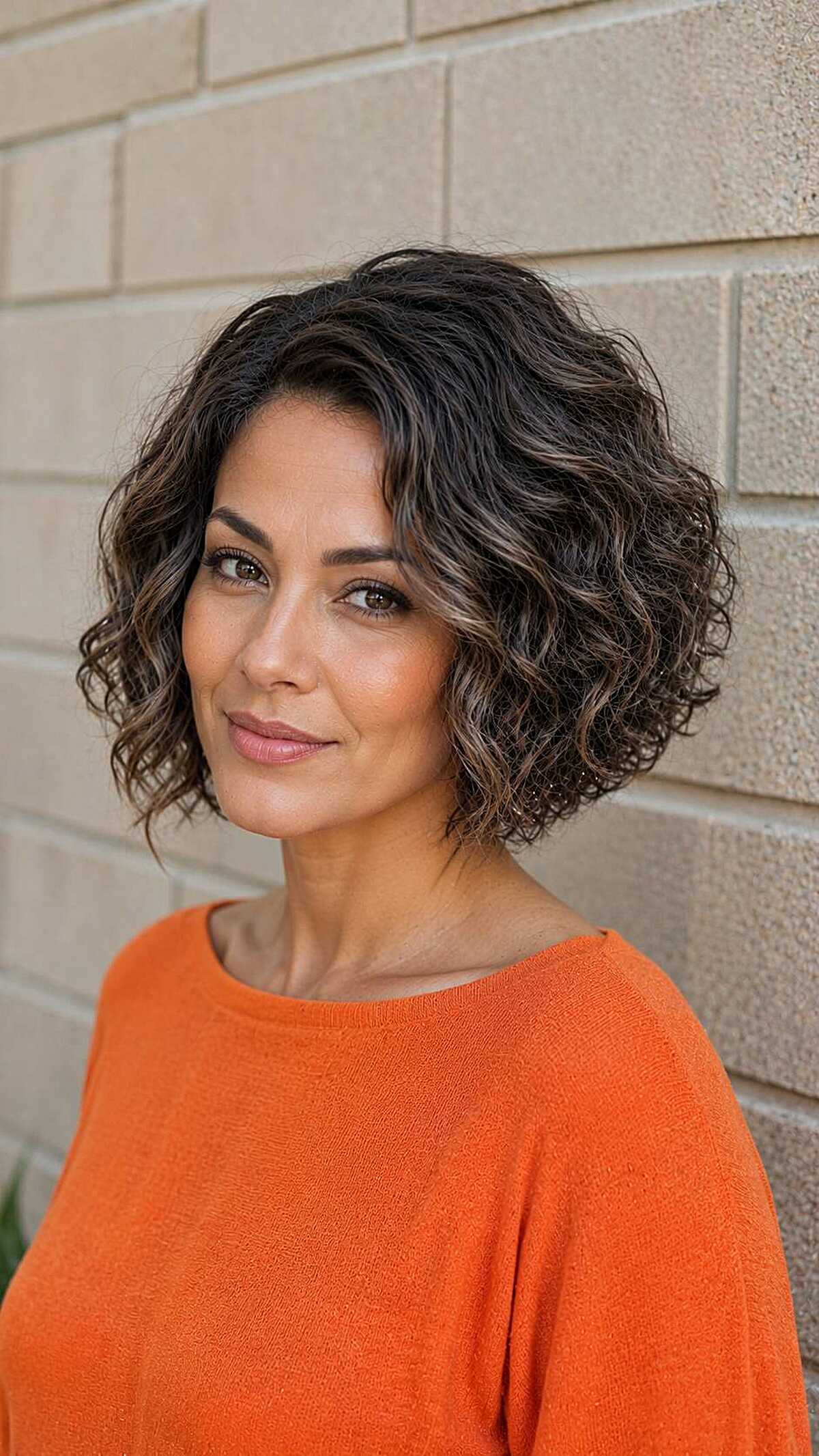 Medium brown wavy inverted bob with natural highlights