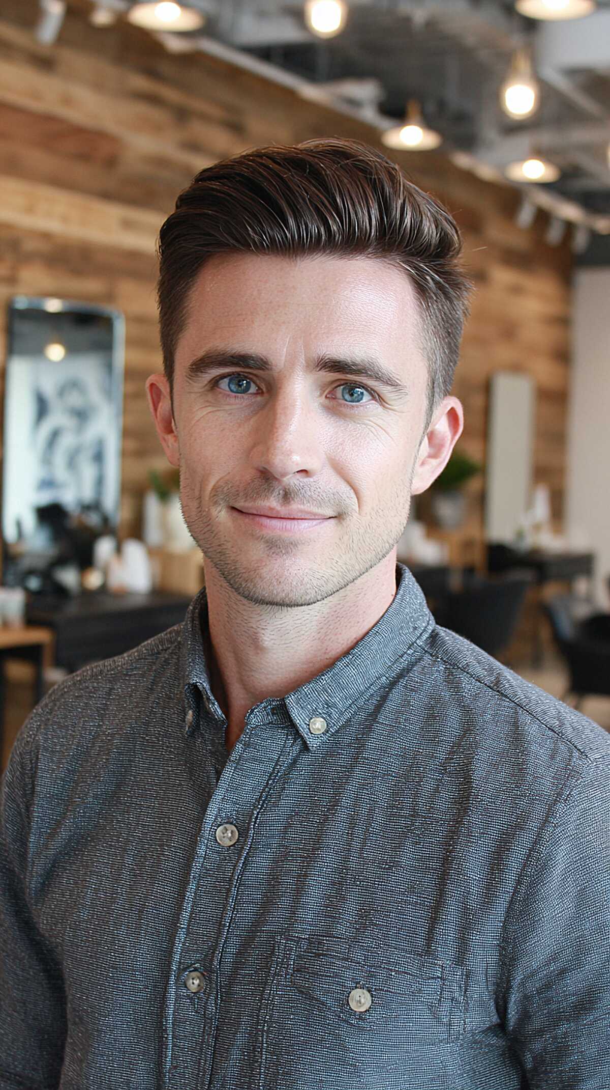 Soft pompadour men's cut with a clean low taper