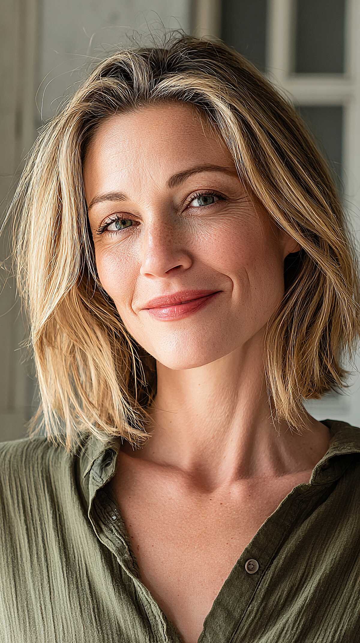 Sun-kissed blonde textured bob with depth and waves