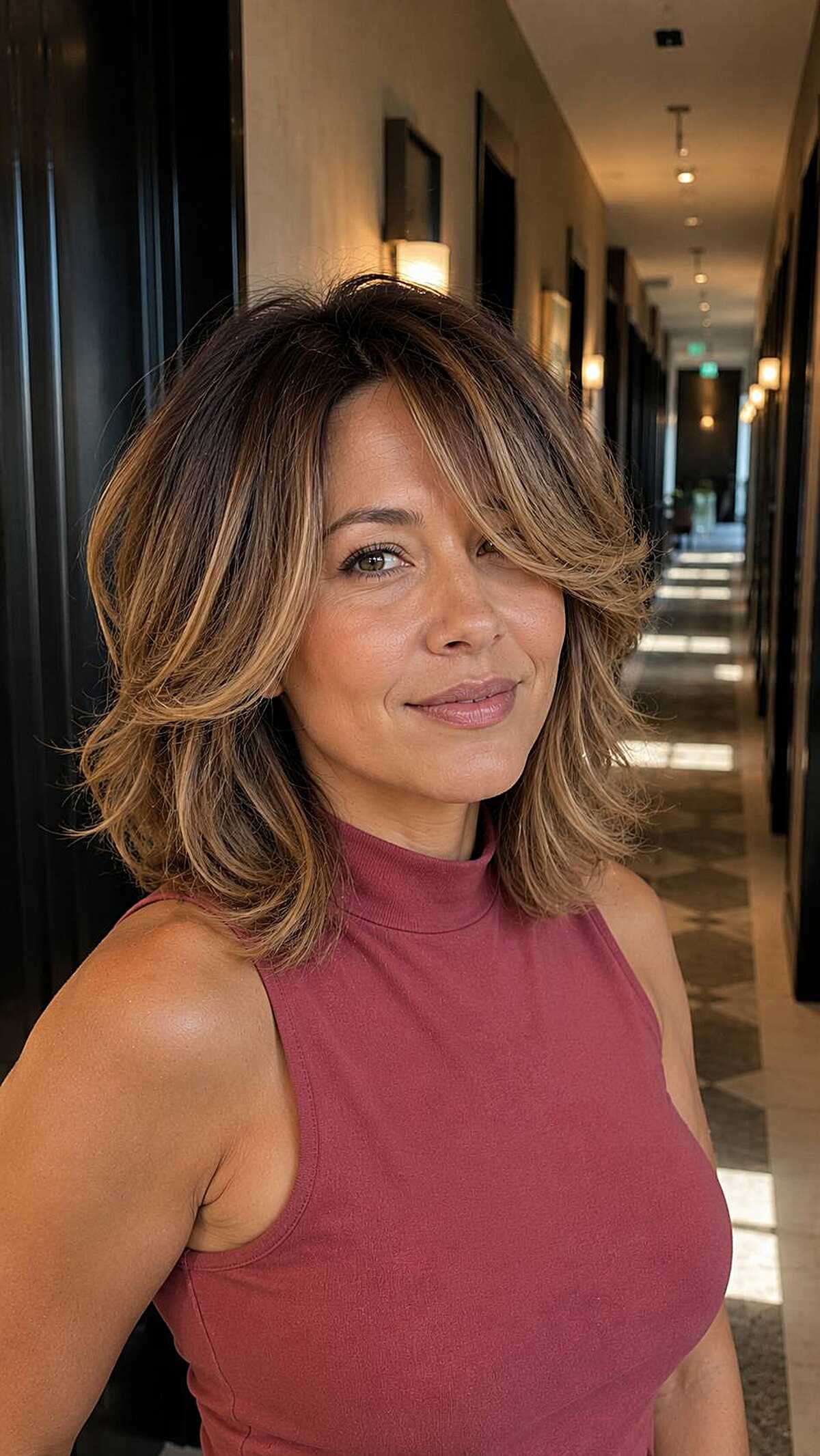 Caramel highlighted shoulder-length cloud shag cut