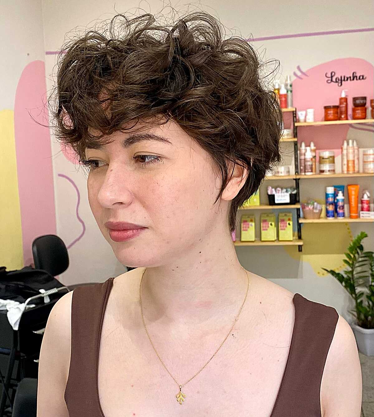 Short Textured Curly Pixie Cut in Brown