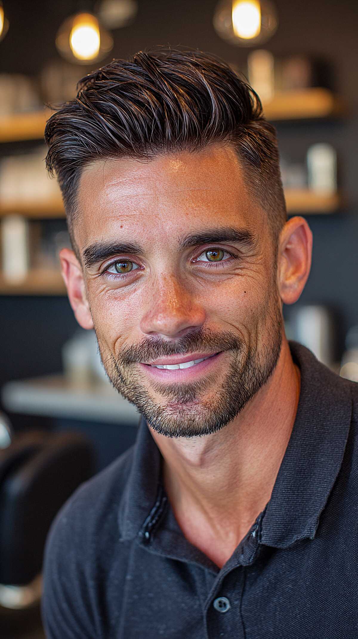 Textured swept back hair with a sharp side fade