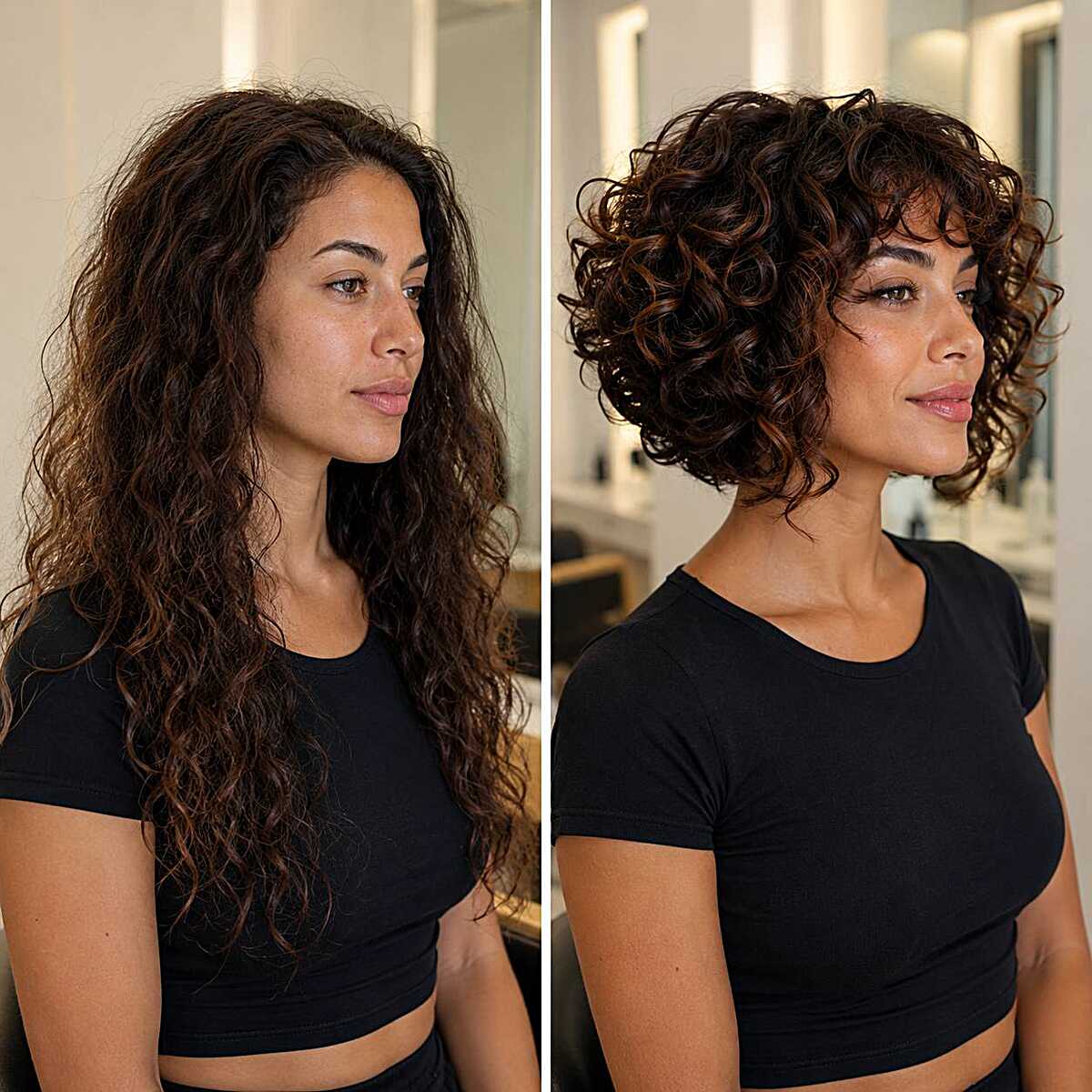Before and after curly hair transformation to inverted bob
