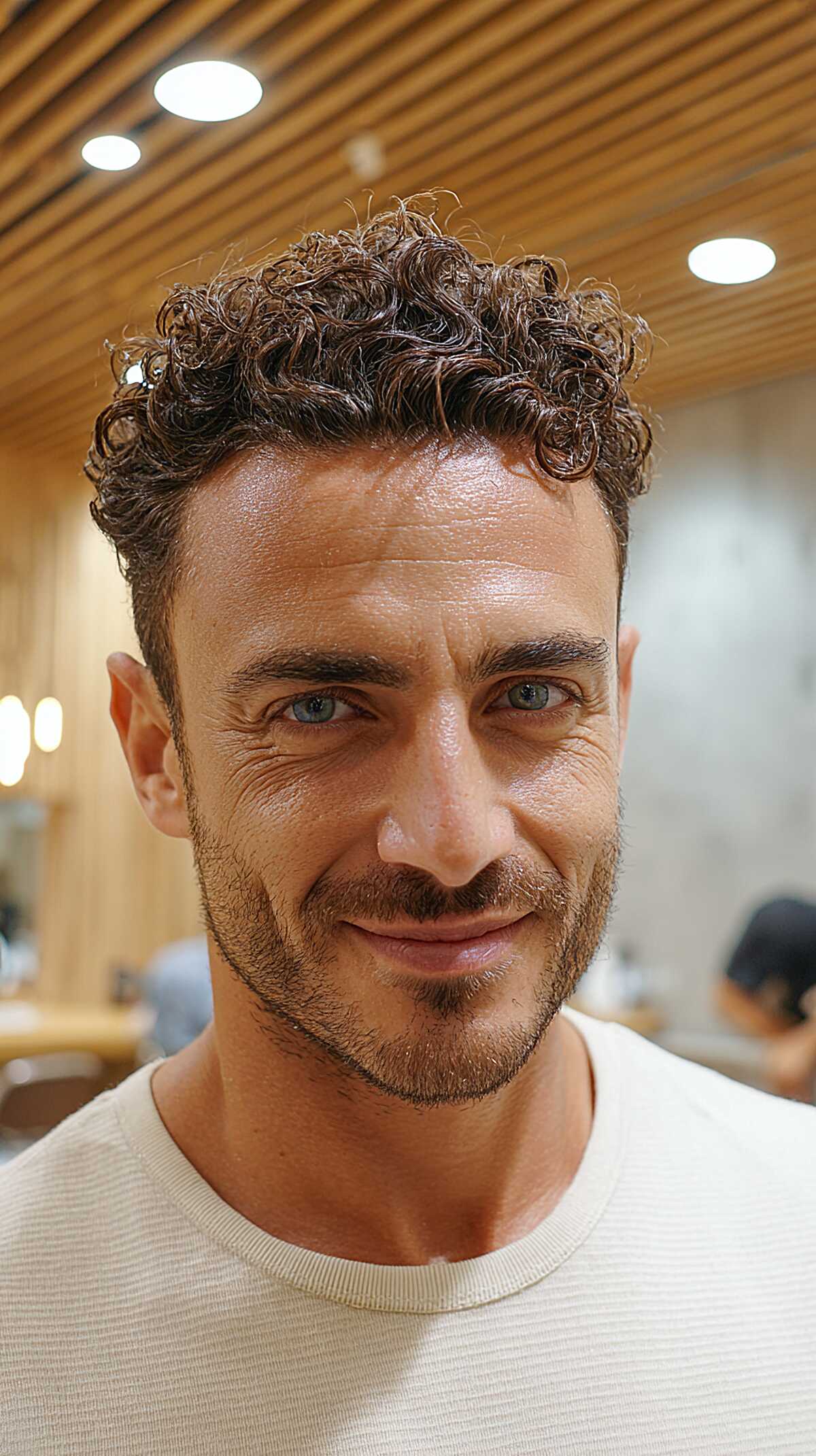Tight curly top haircut with faded temples
