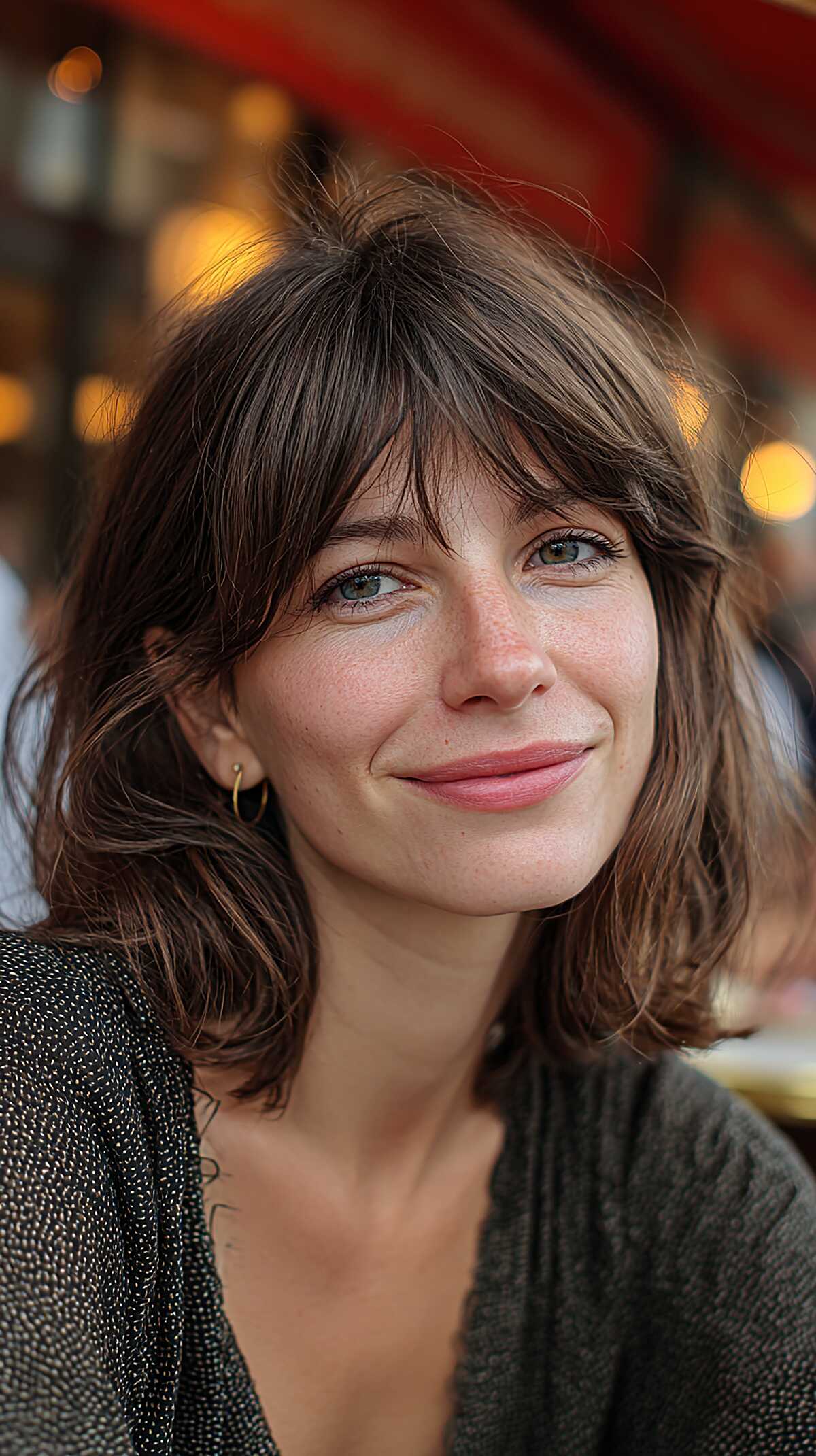 Tousled brunette lob with wispy bangs and texture