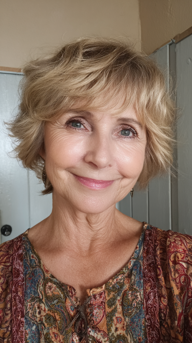 Dirty blonde tousled bixie with shaggy layered ends