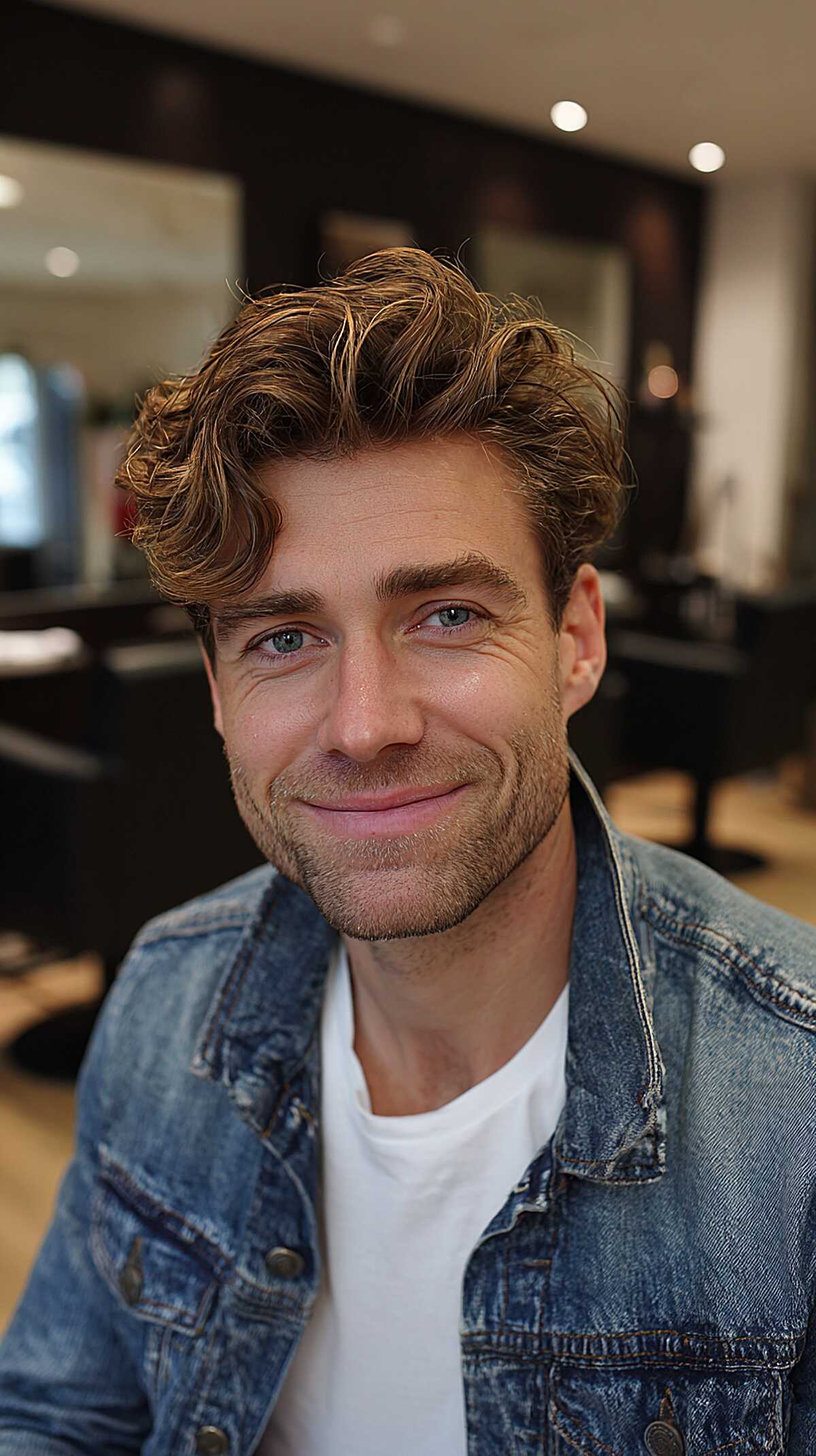 Tousled wavy men's hair with honey tones and middle part