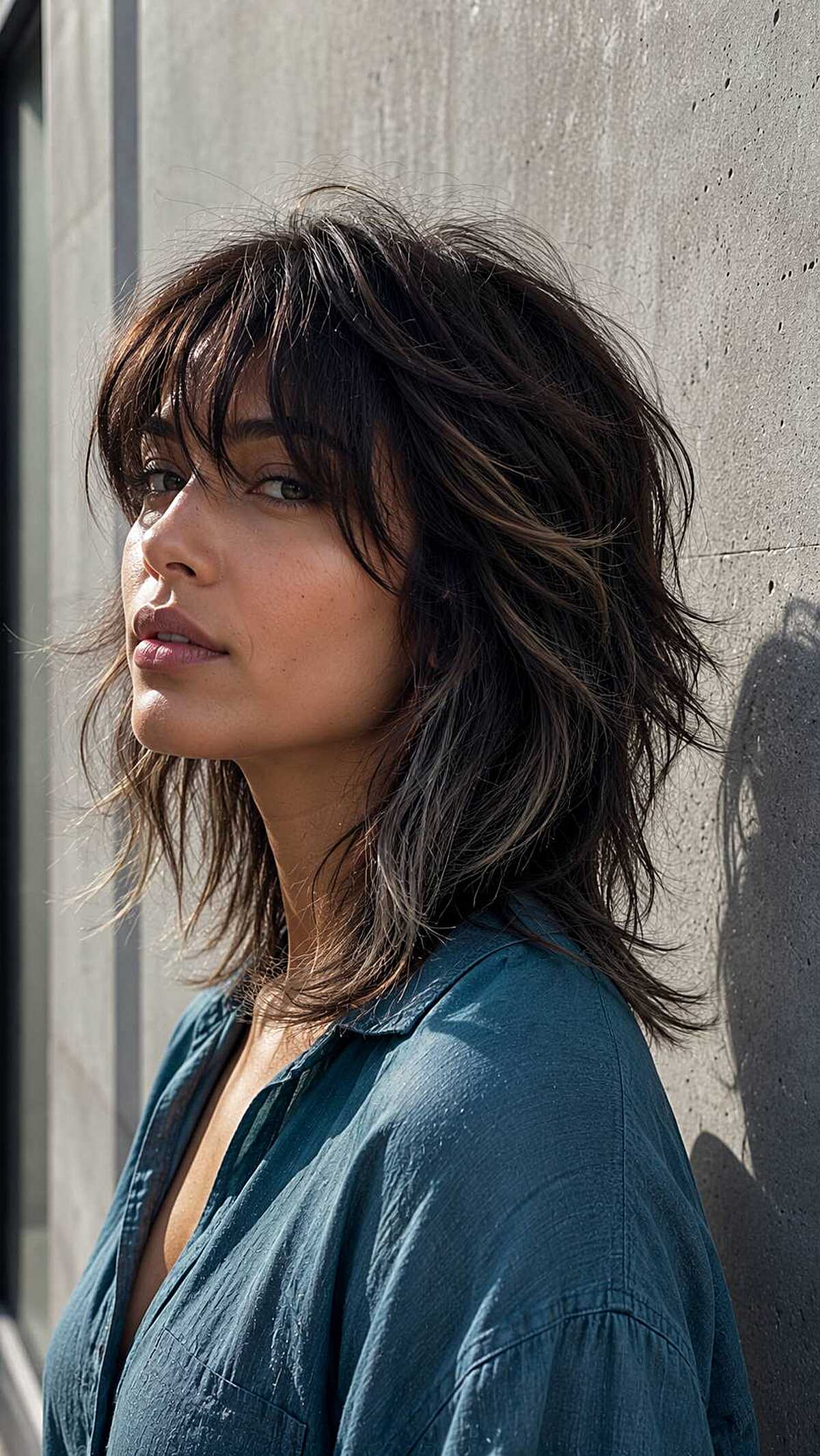 Tousled dark shoulder-length cloud cut with choppy bangs