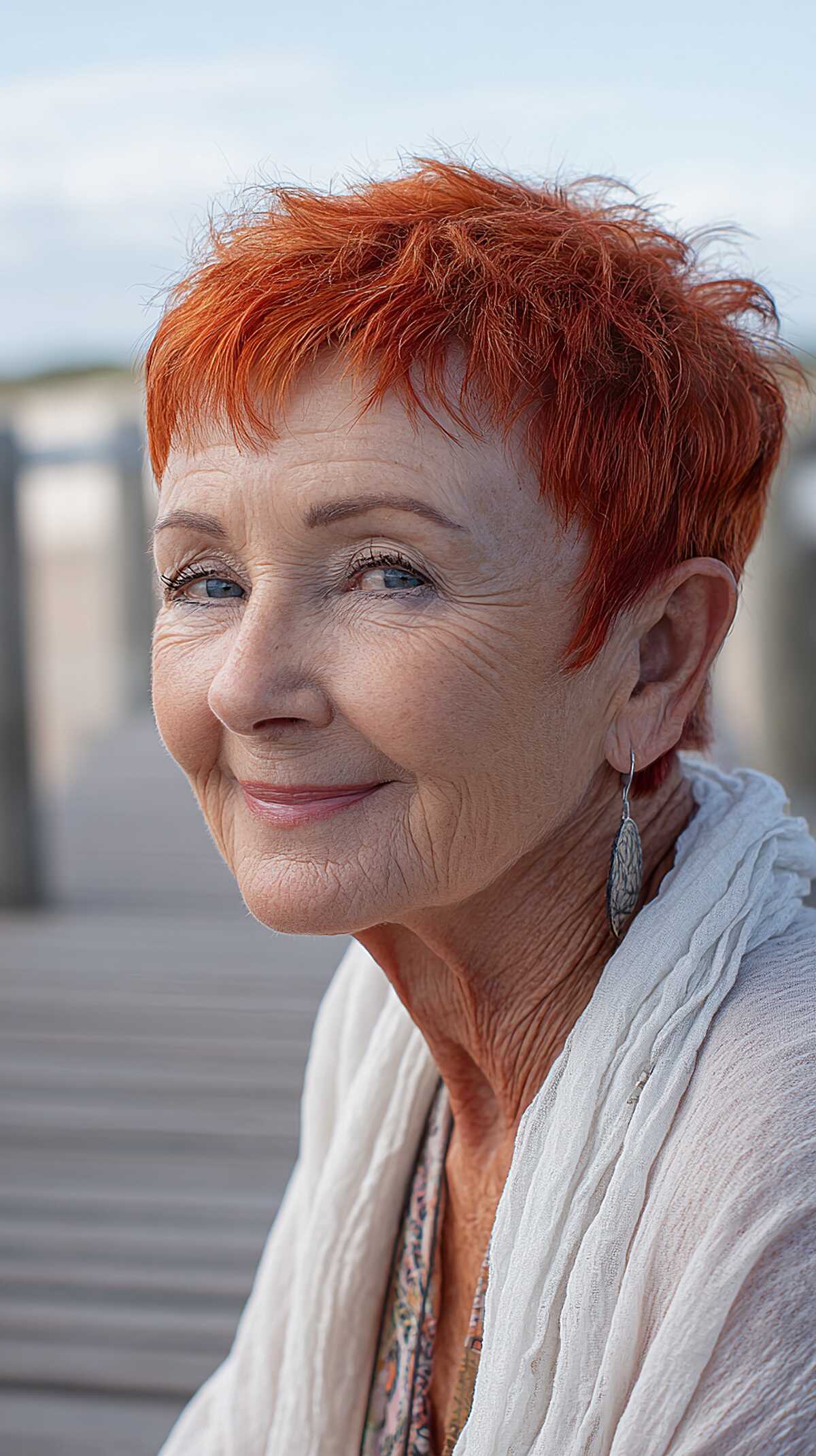 Vivid Orange-Red Shaggy Pixie Cut by the Pier