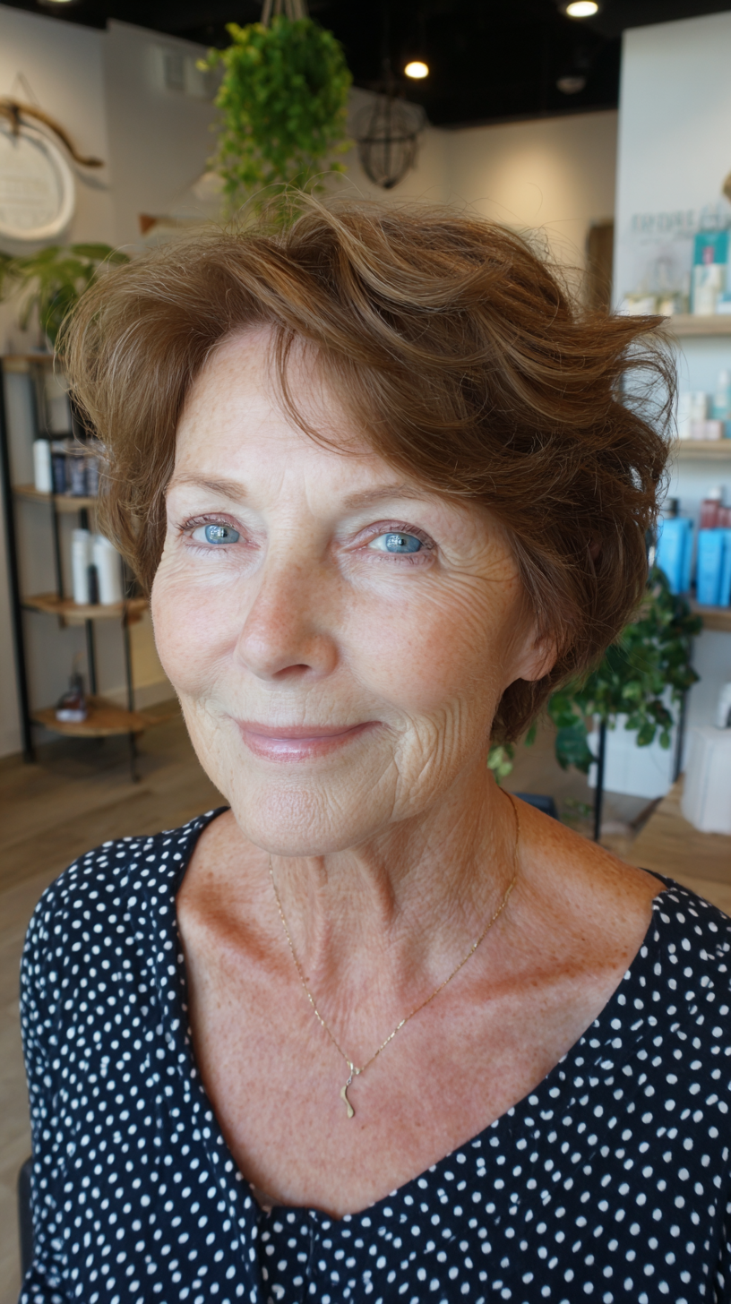 Warm auburn bixie with tousled layers and side volume